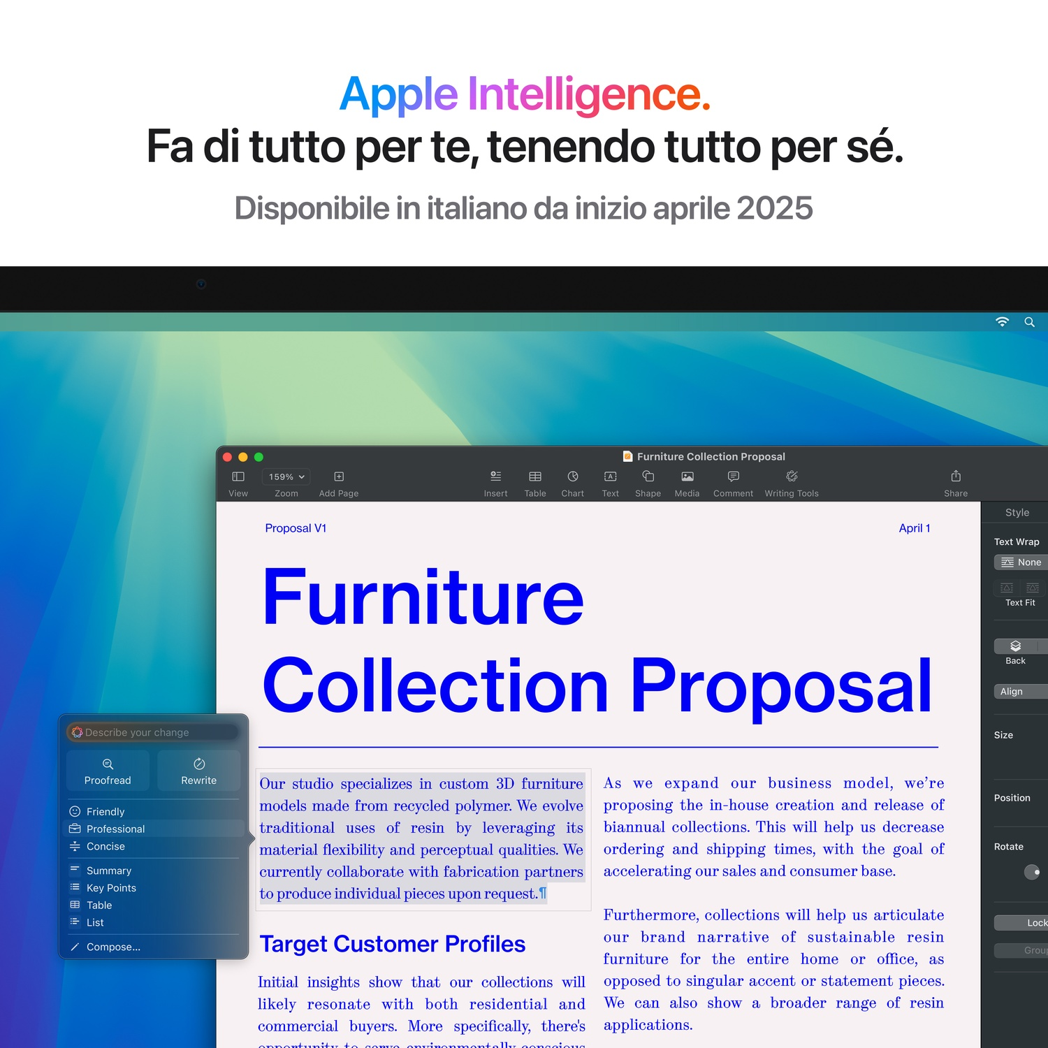 Schermo con testo 'Apple Intelligence' e bozza di documento.