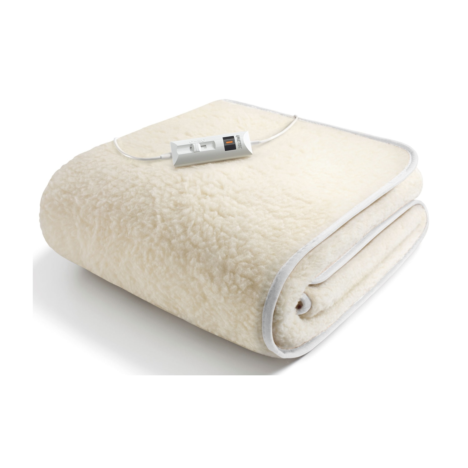 Una coperta elettrica piegata color crema con controller e cavo bianchi.