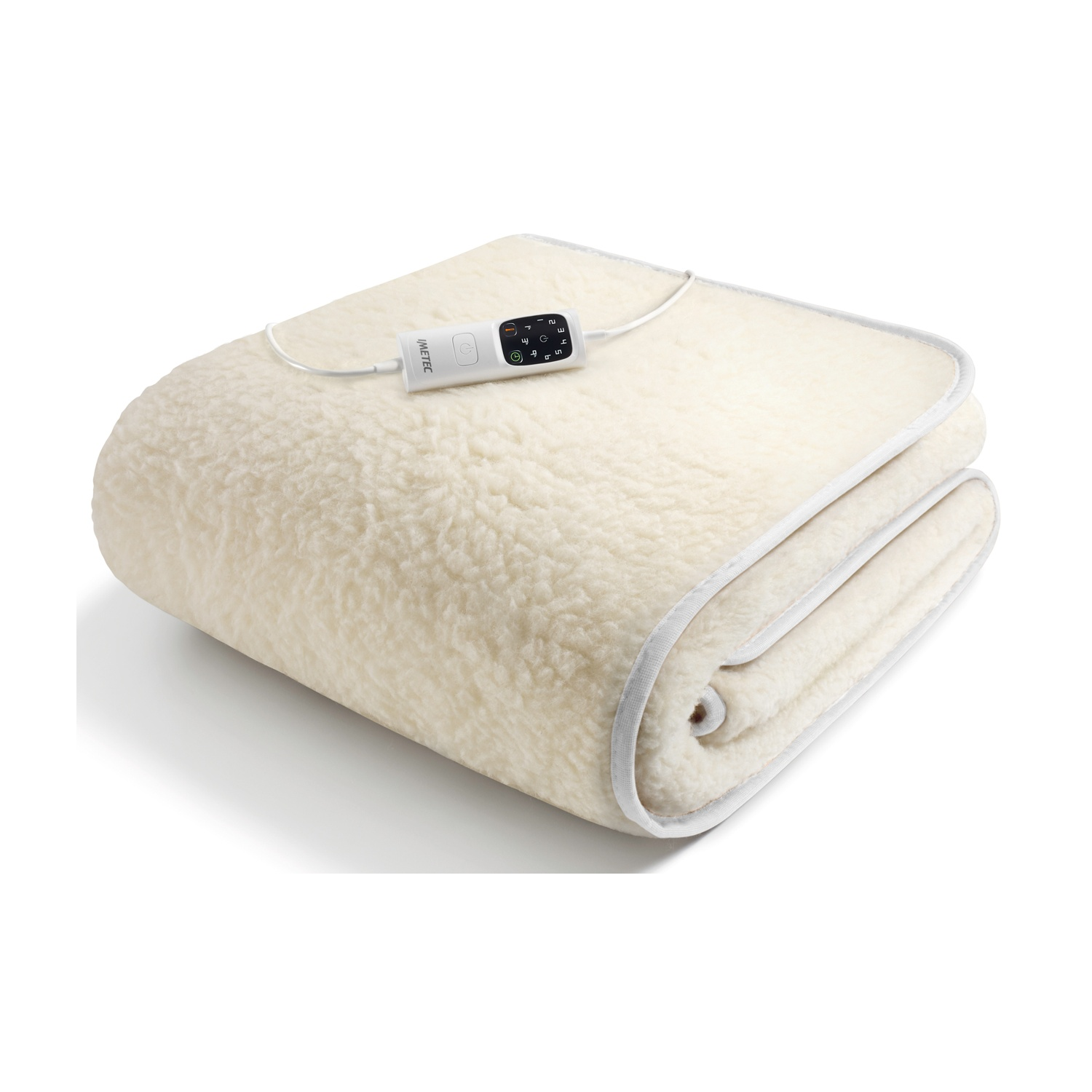 Una coperta elettrica color crema con controller e cavo bianchi.