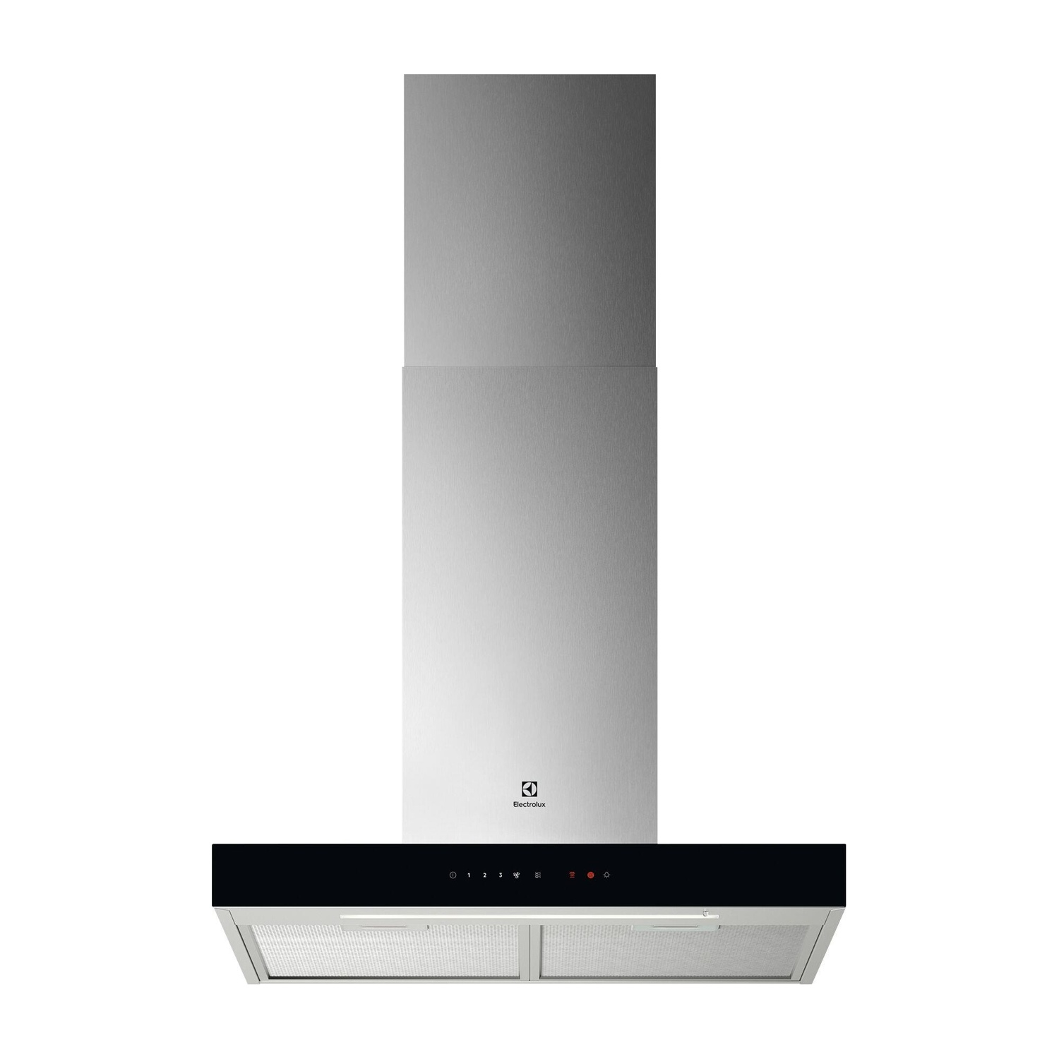 Eine moderne Dunstabzugshaube aus Edelstahl von Electrolux mit schwarzer Bedienblende.