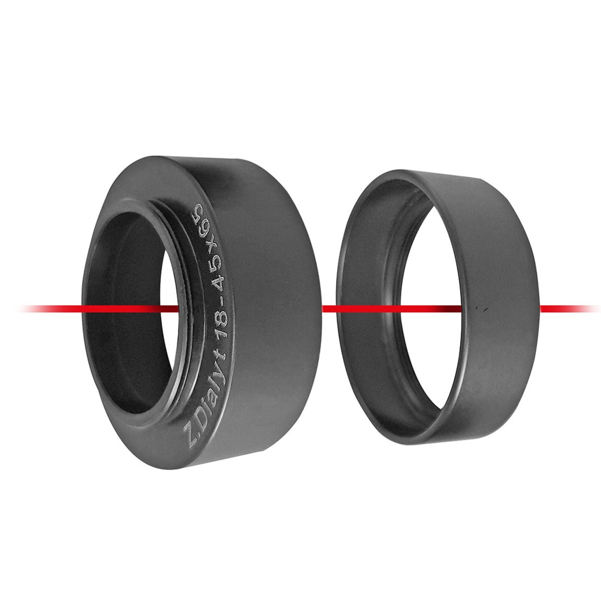 Zwei schwarze Ringe, Z.Dialyt 18-45x65, mit rotem Lichtstrahl.