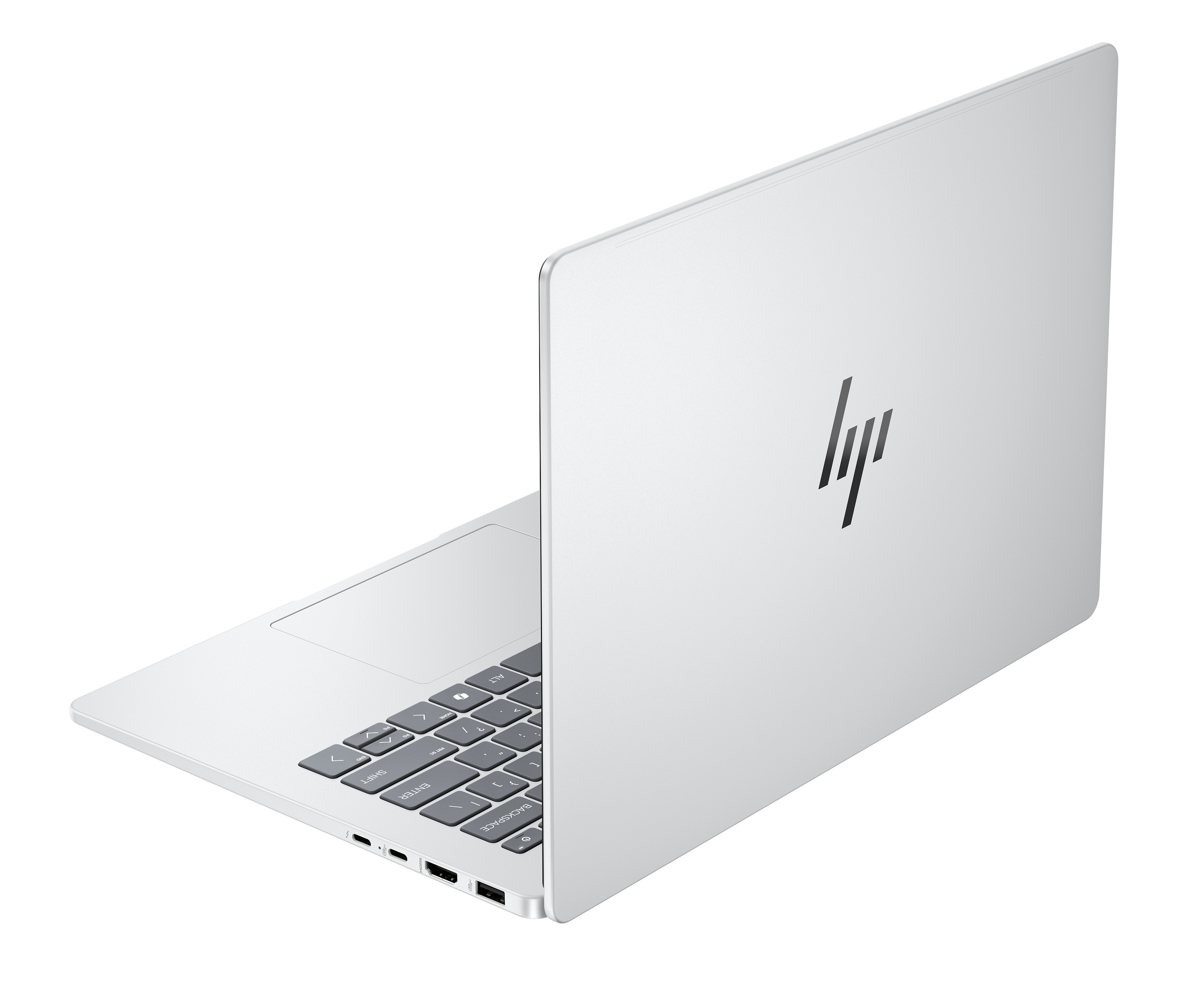Un laptop HP argentato è aperto, mostra la tastiera e il touchpad.