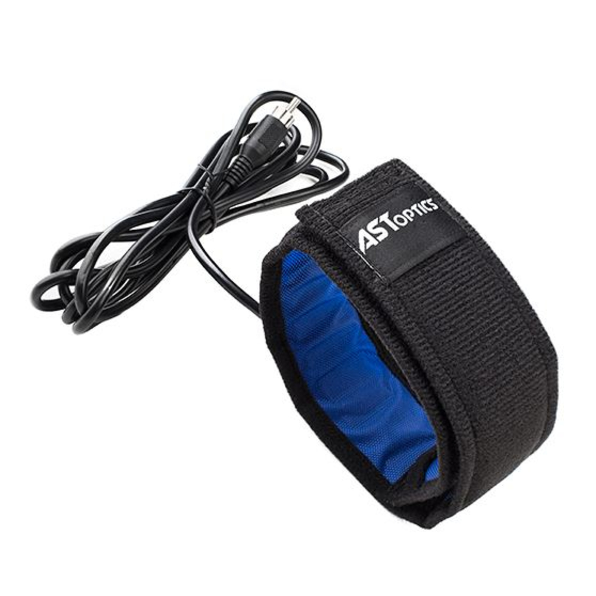 Schwarzes Armband mit blauem Futter und Stromkabel.