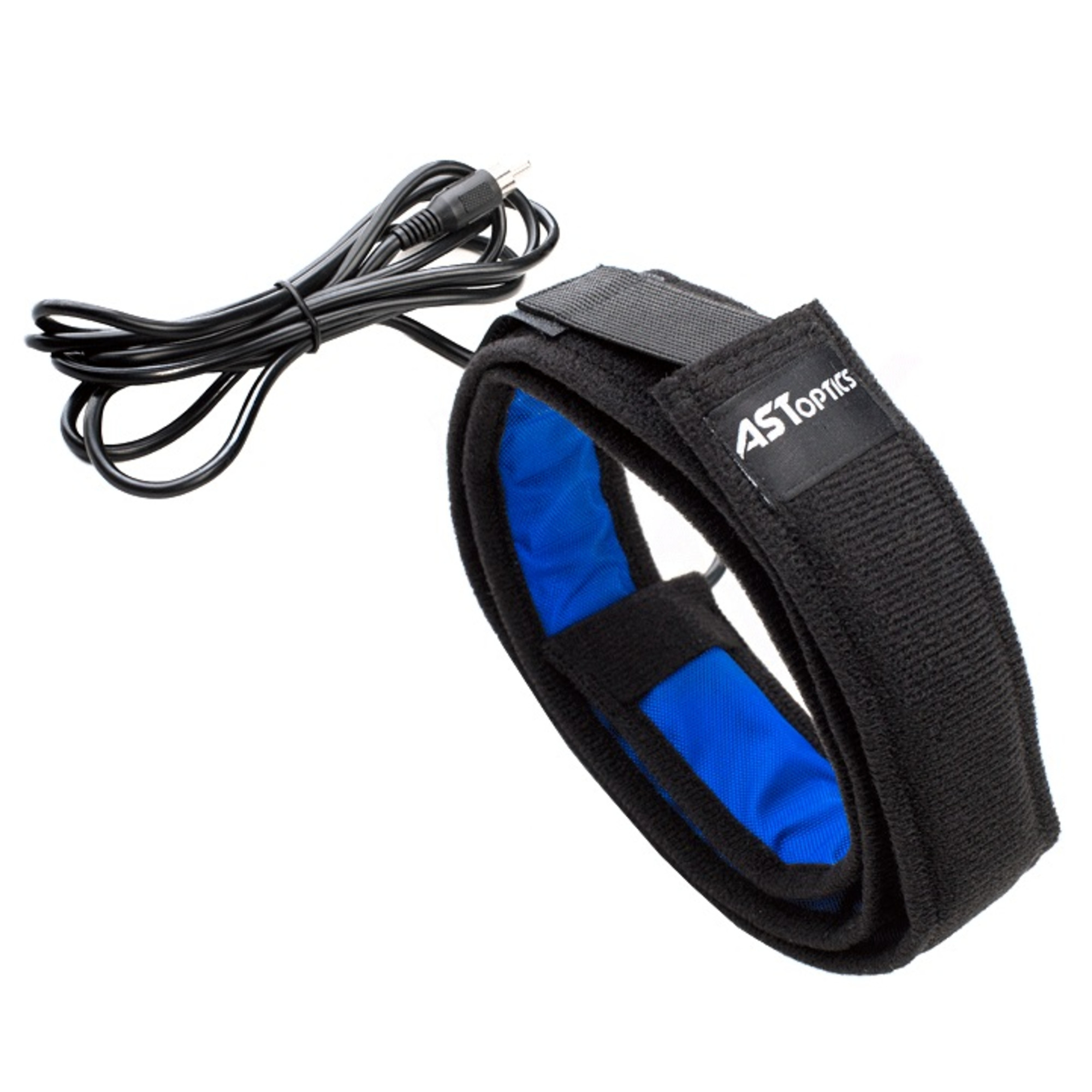 Schwarzes ASTROPTICS-Band mit blauer Auskleidung und schwarzem Netzkabel.