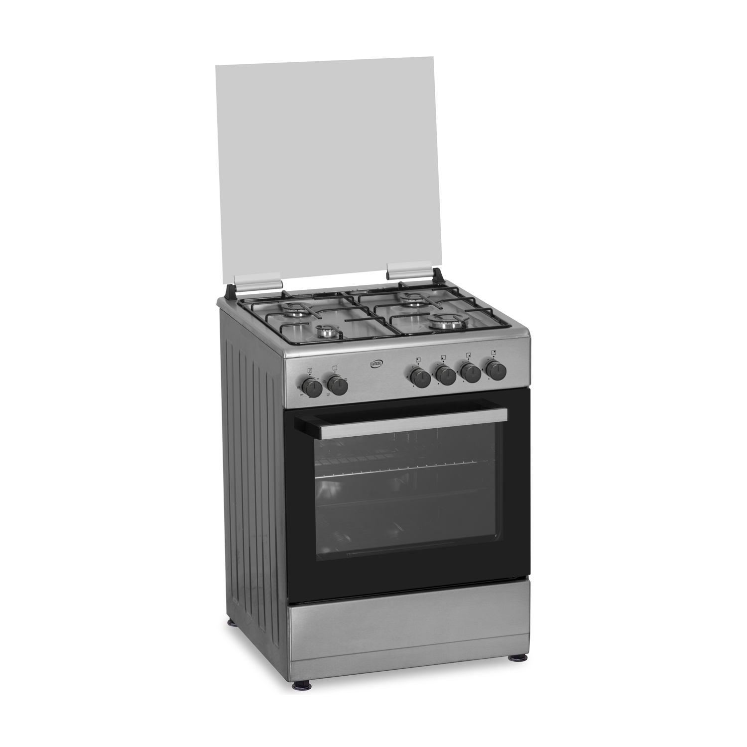 Un fornello a gas argentato con quattro fuochi e un forno con porta in vetro.