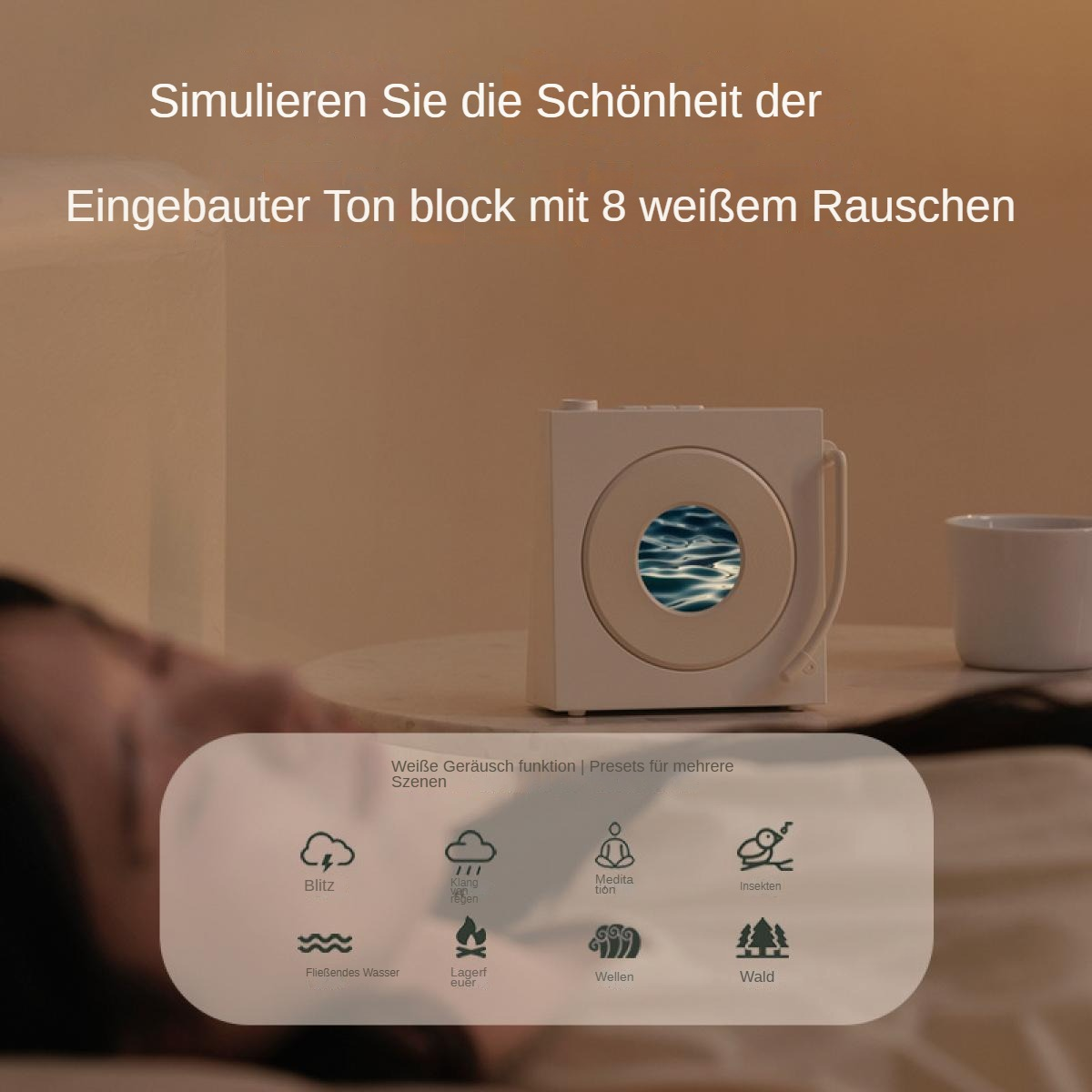 Weißes Rauschgerät mit 8 Geräuschen: Blitz, Regen, Meditation, Insekten, Wasser, Feuer, Wellen, Wald.