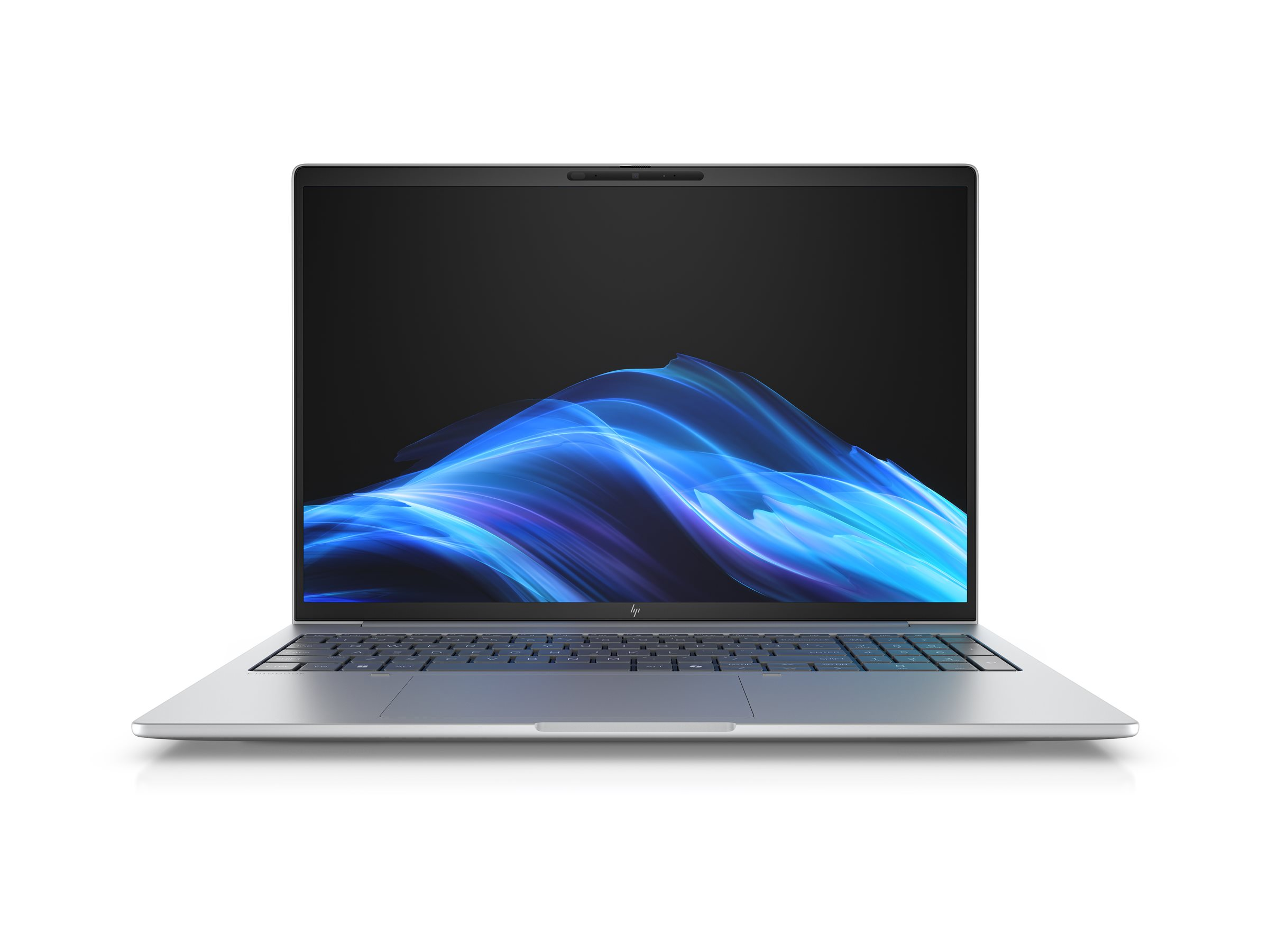 Un laptop argento con uno sfondo astratto blu sullo schermo.