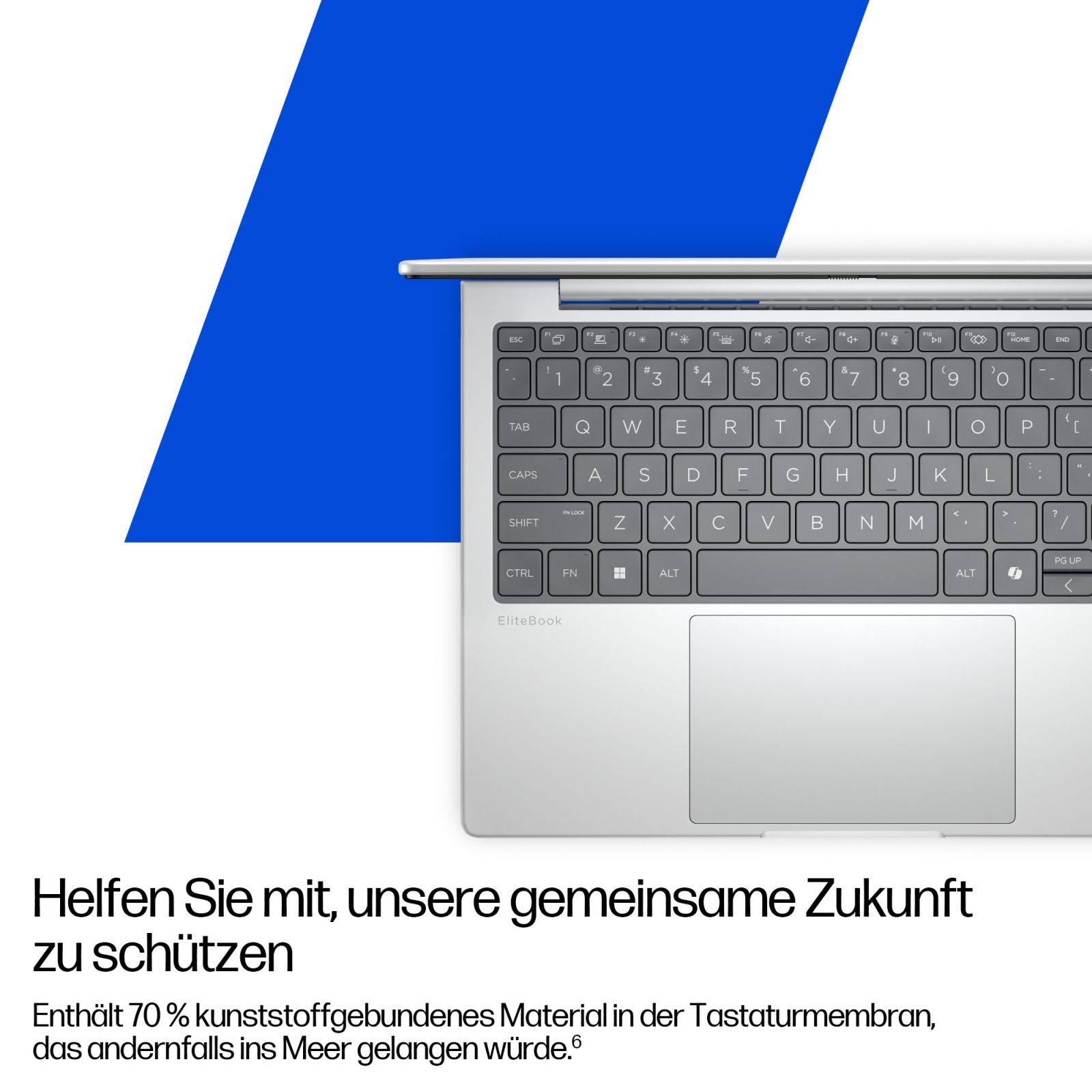 Zbliżenie srebrnej klawiatury EliteBook z niebiesko-białym tłem.