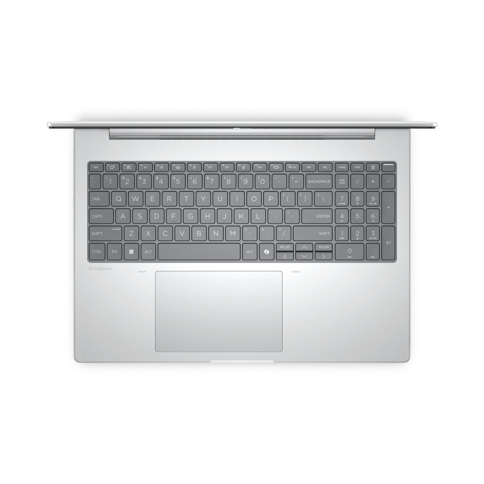 Srebrna klawiatura i gładzik laptopa EliteBook. Widok z góry, otwarty.