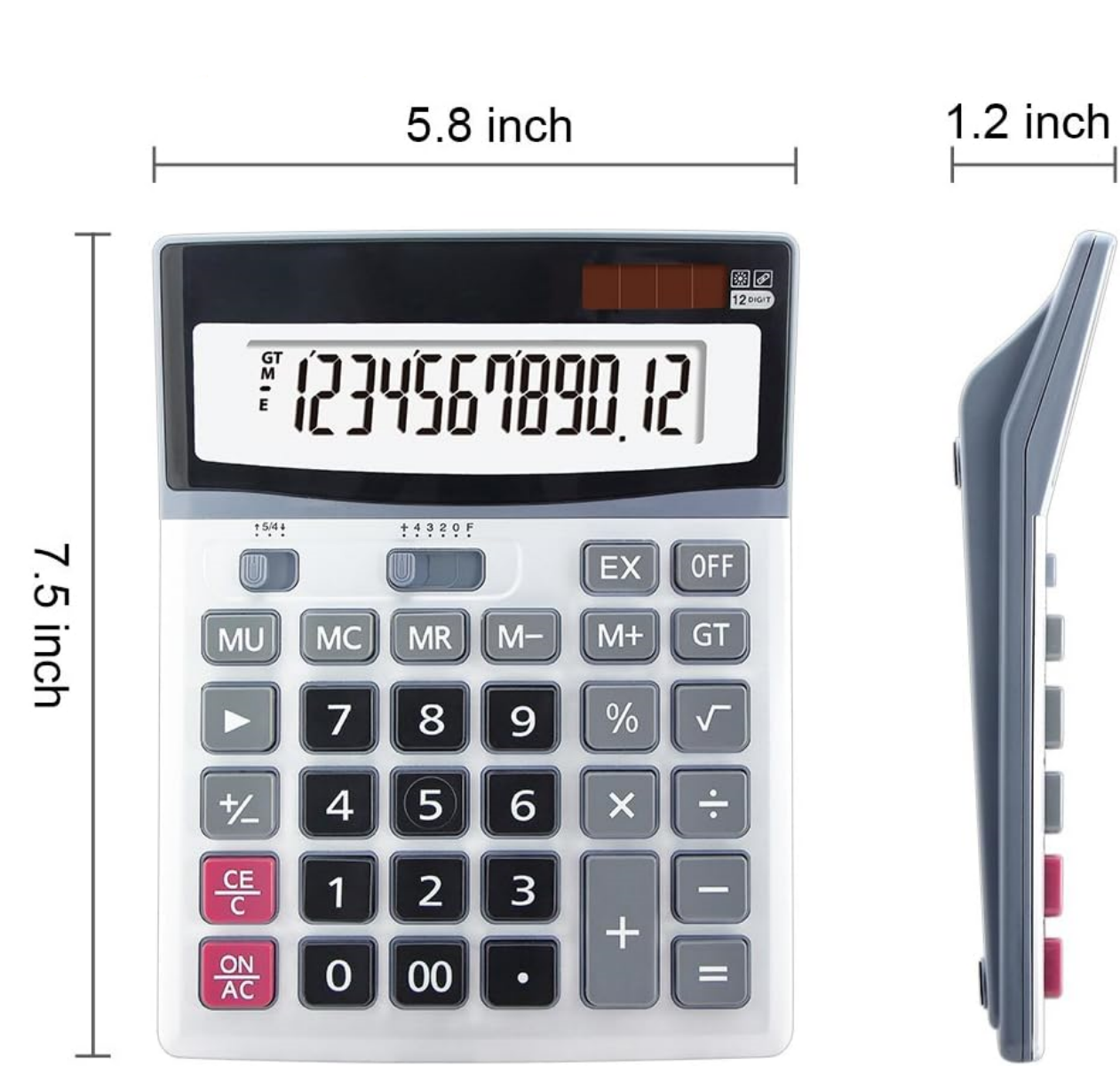 Ein weißer und grauer Taschenrechner mit Solarpanel und Zifferntasten.