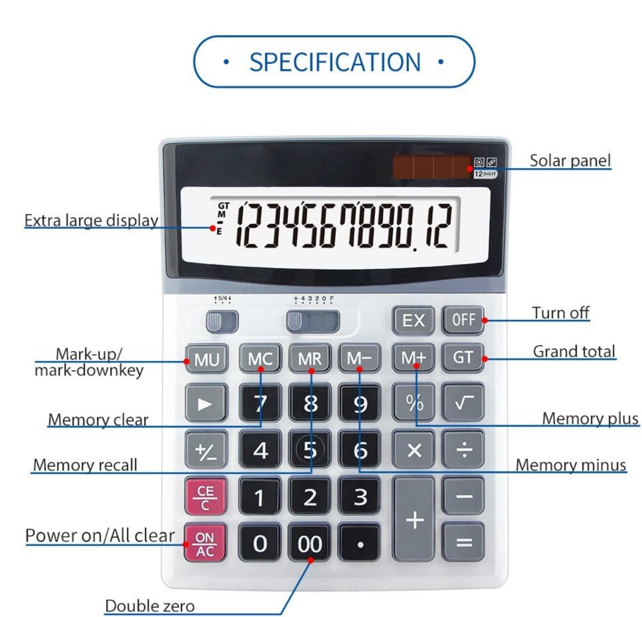 Ein weißer solarbetriebener Taschenrechner mit extragroßem Display, das 1234567890.12 anzeigt.