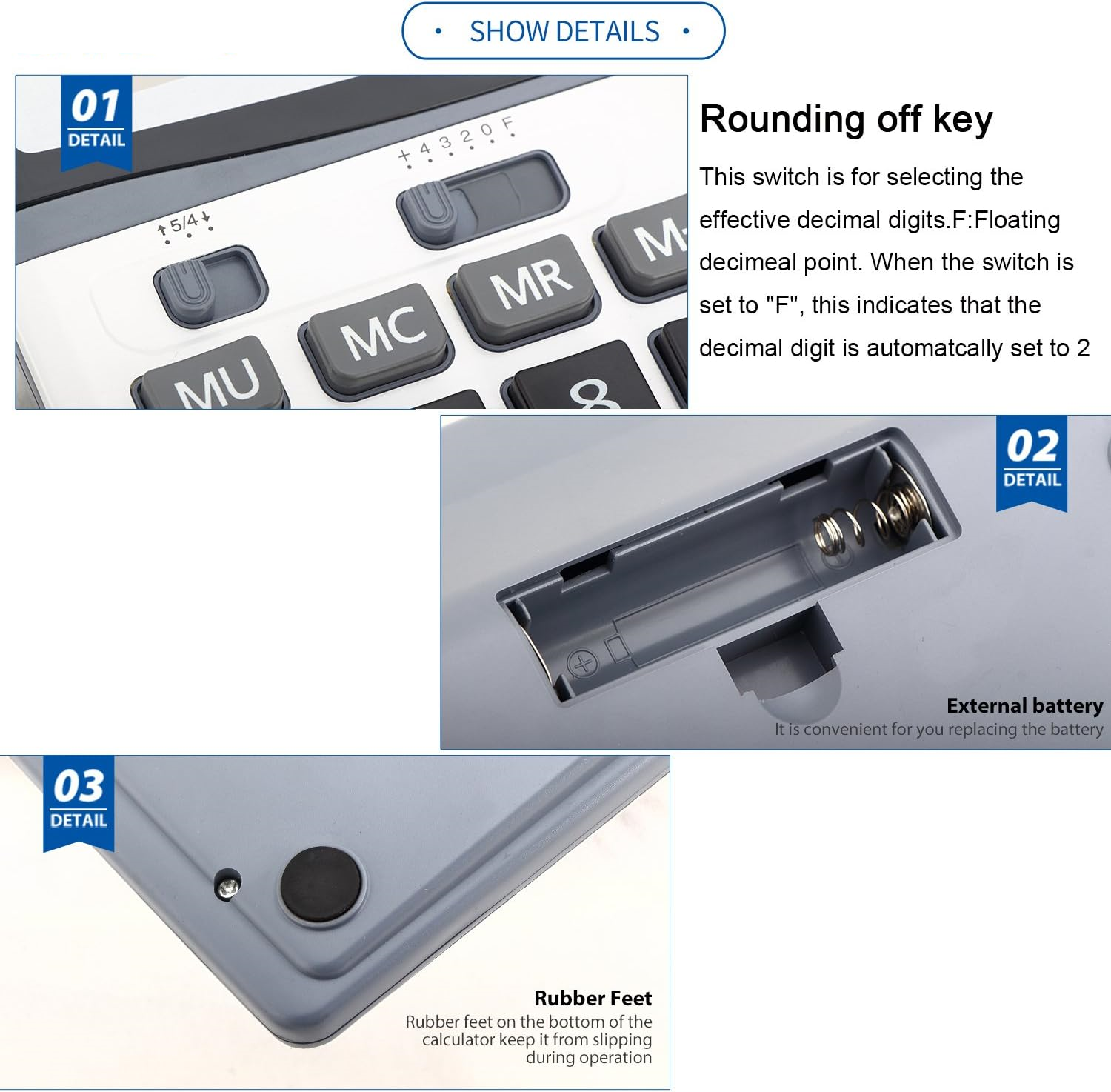 Taschenrechner-Details: Rundungstaste, externer Batteriefach, Gummifüße.