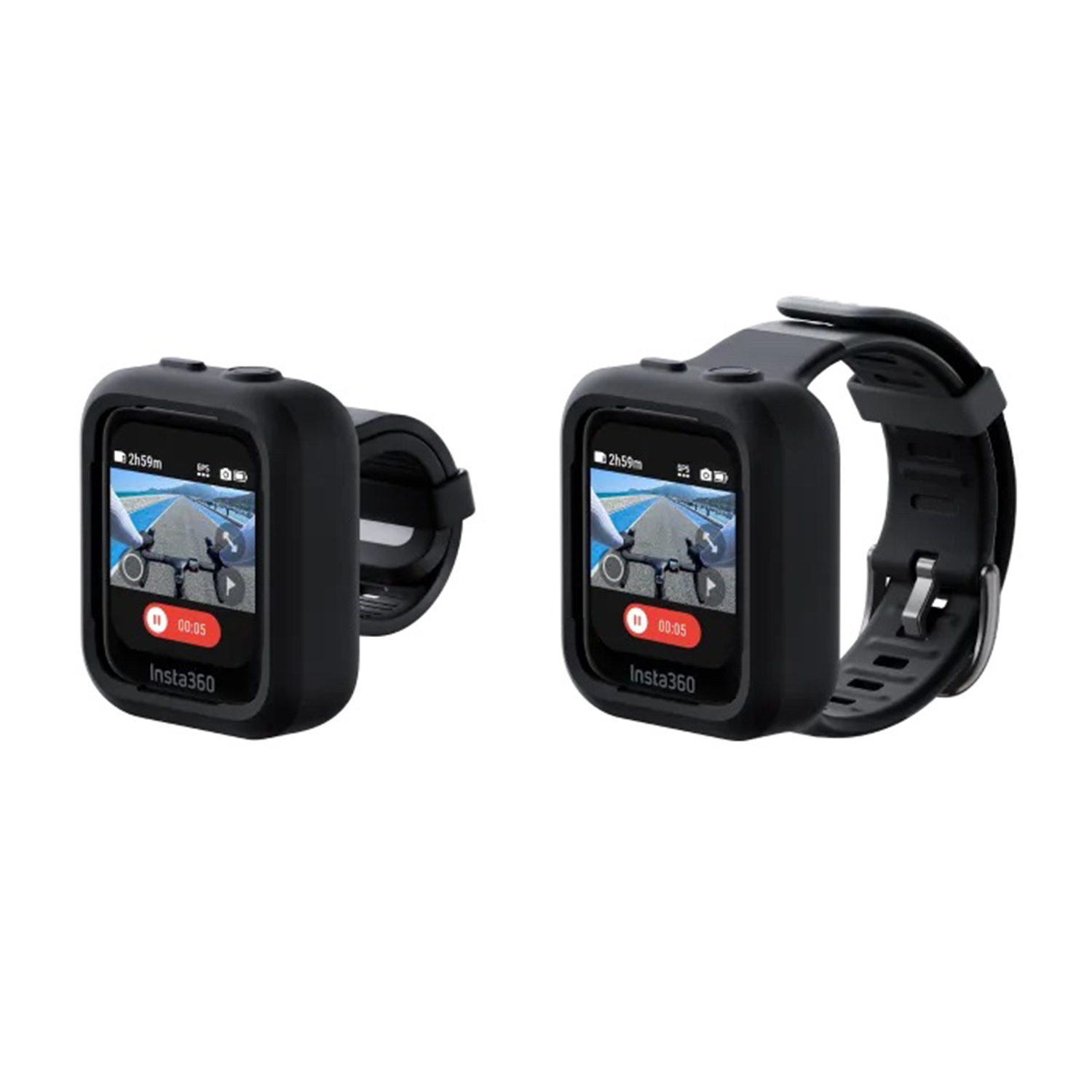 Due smartwatch Insta360 nere con schermi che mostrano una vista stradale.