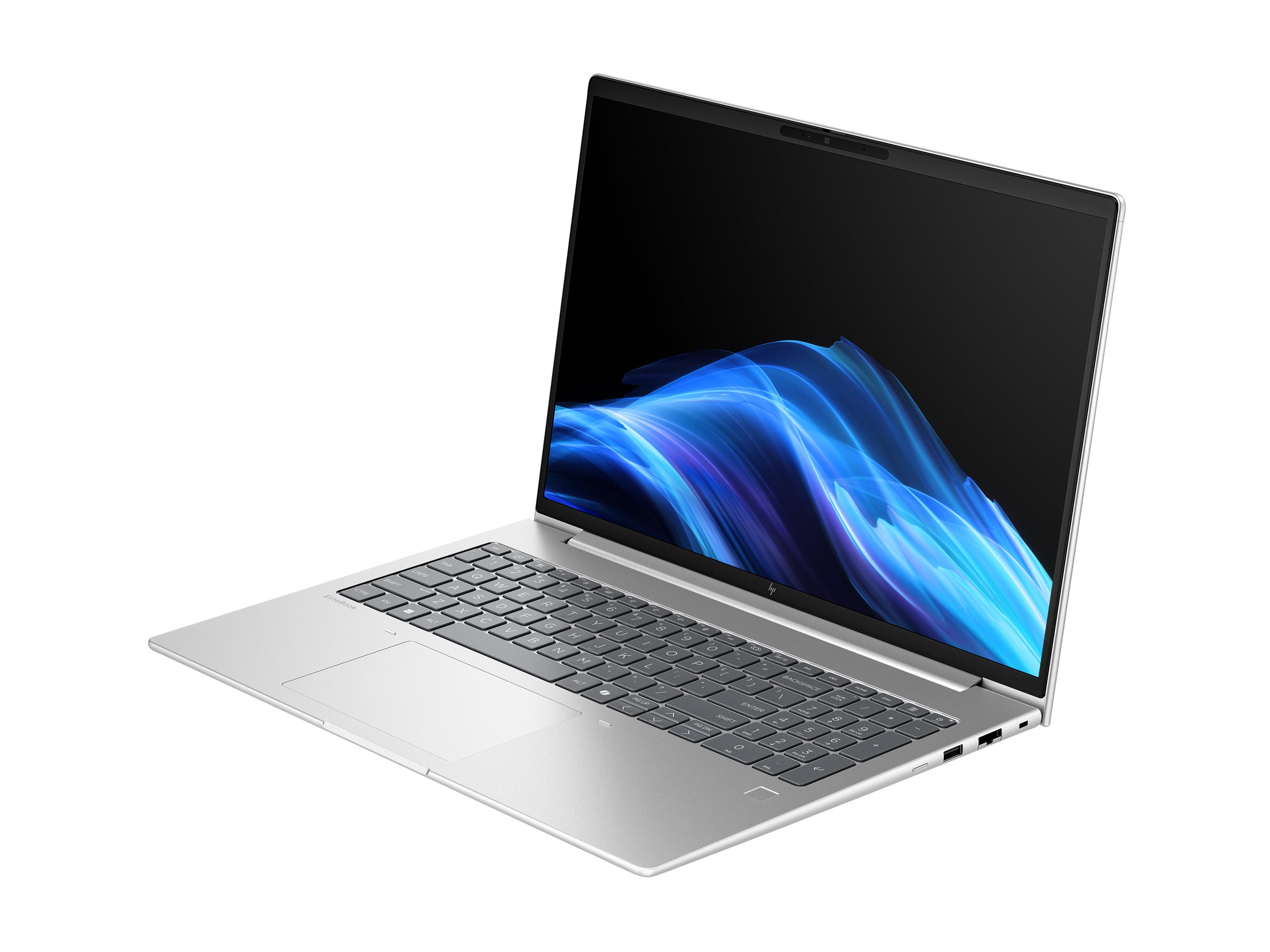 Un laptop HP EliteBook argentato con uno sfondo astratto blu vibrante sul suo schermo.