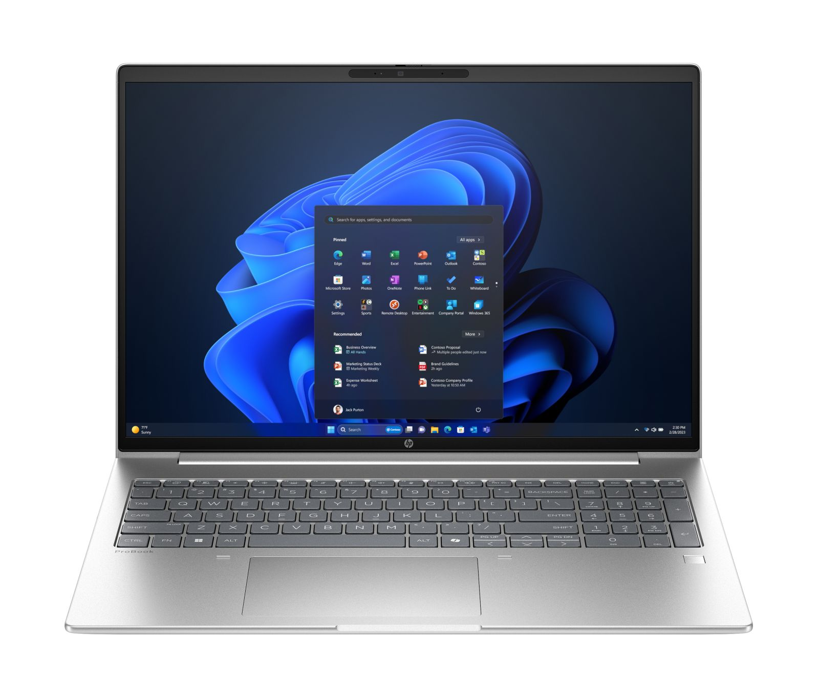 Srebrny laptop HP ProBook wyświetlający menu startowe Windows 11 z niebieską tapetą.