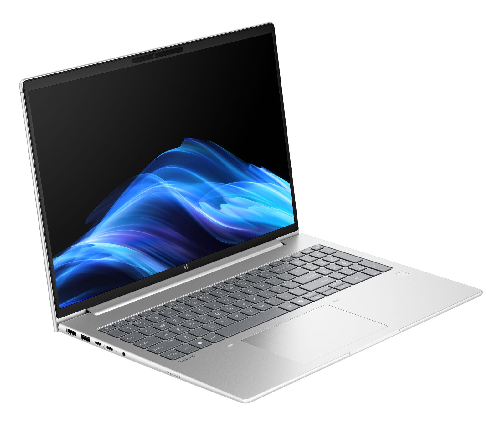 Srebrny laptop HP otwarty, z niebieską abstrakcyjną tapetą na ekranie i pełną klawiaturą.
