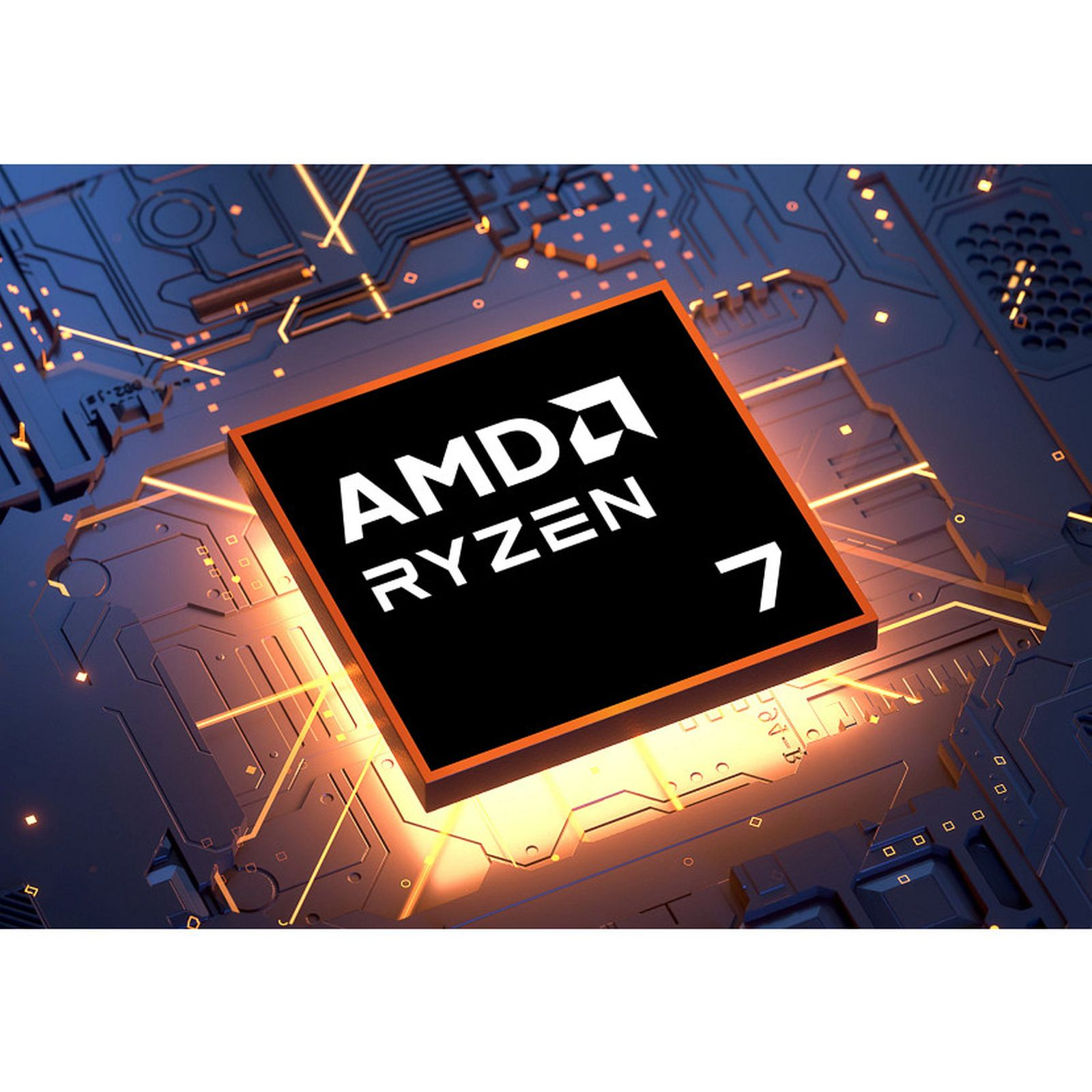 Procesor AMD Ryzen 7 na świecącej płycie obwodu drukowanego.