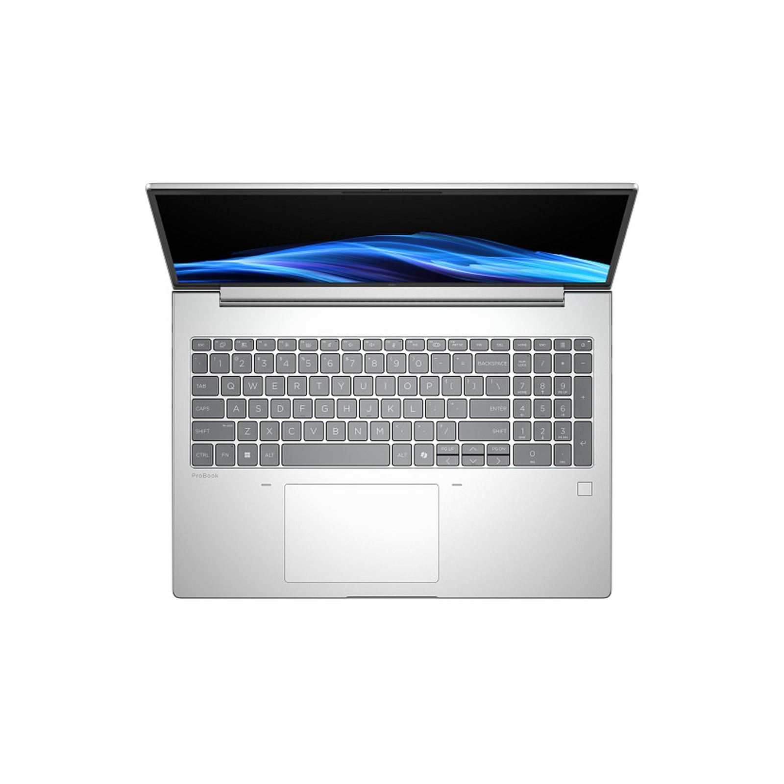 Srebrny laptop otwarty, klawiatura z niebieską abstrakcyjną tapetą na ekranie.