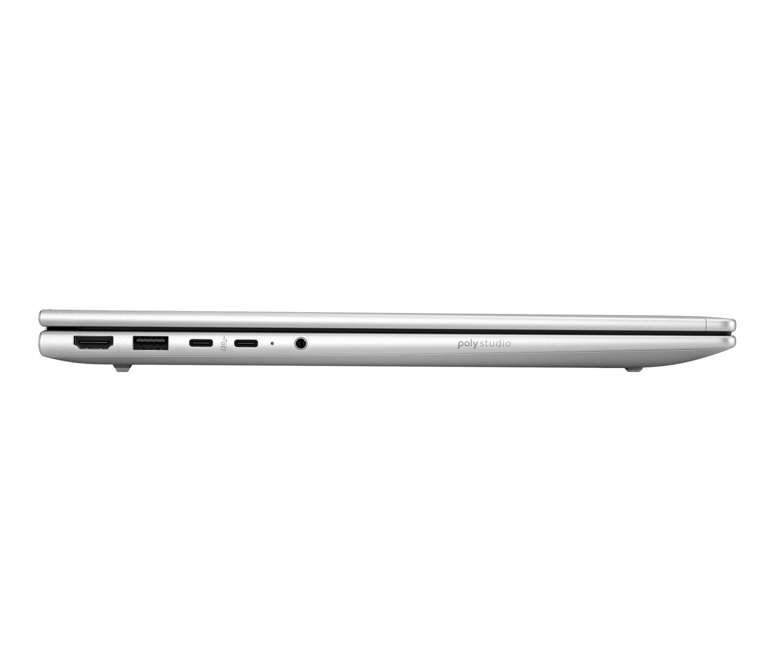 Srebrny laptop z boku pokazuje porty HDMI, USB i audio, z logo 'poly studio'.