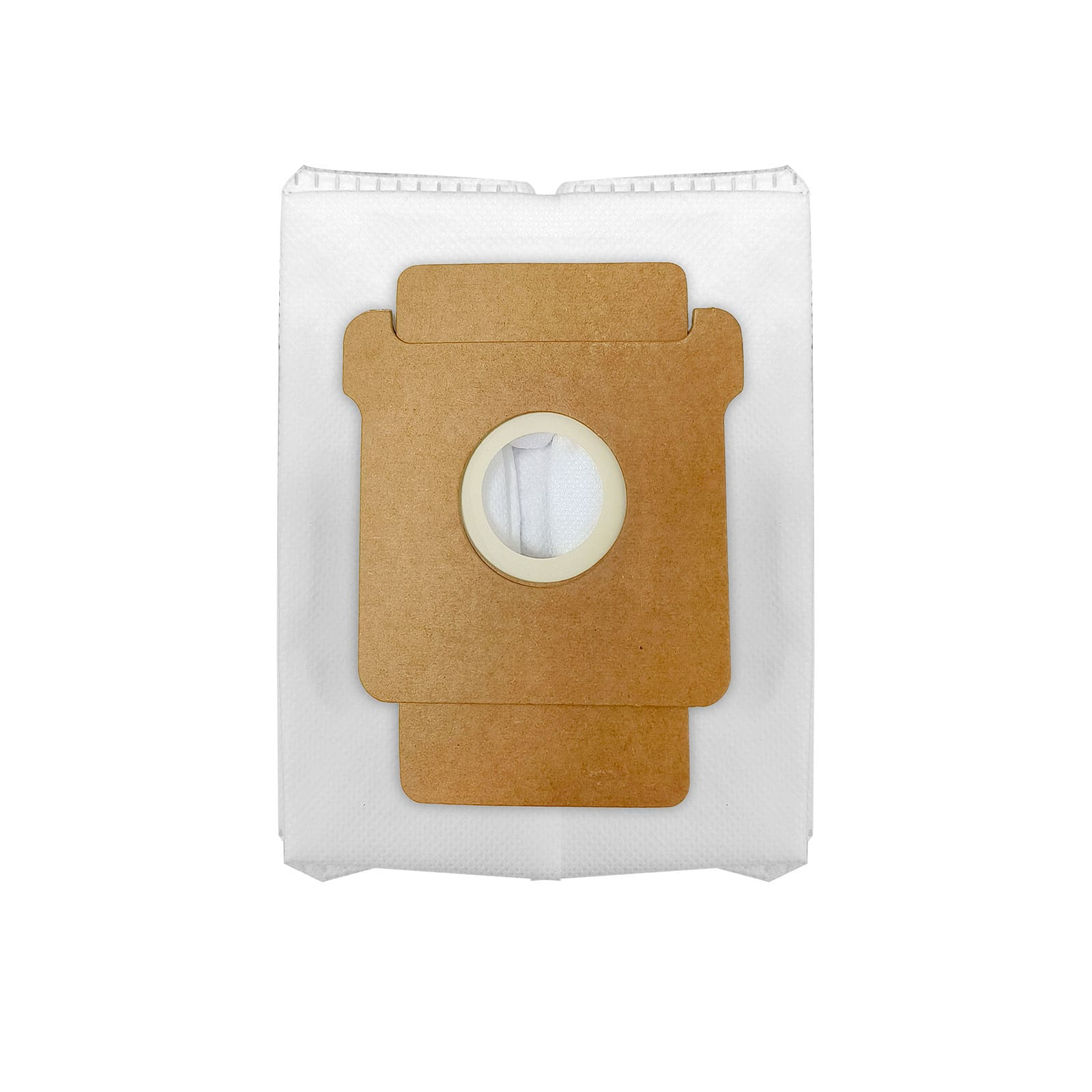 Ein weißer Staubsaugerbeutel aus Papier mit brauner Pappe oben.
