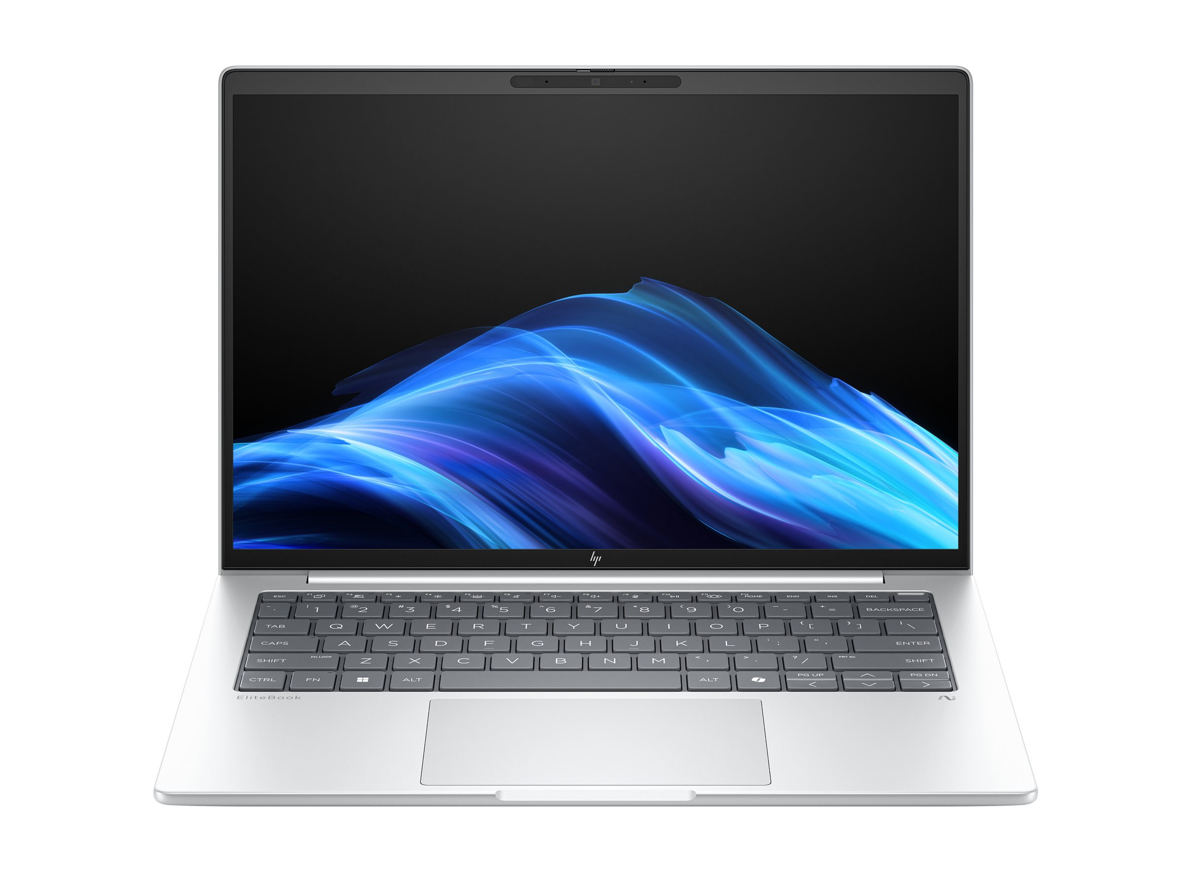 Un laptop HP EliteBook argentato è aperto, visualizzando uno sfondo astratto blu sullo schermo.