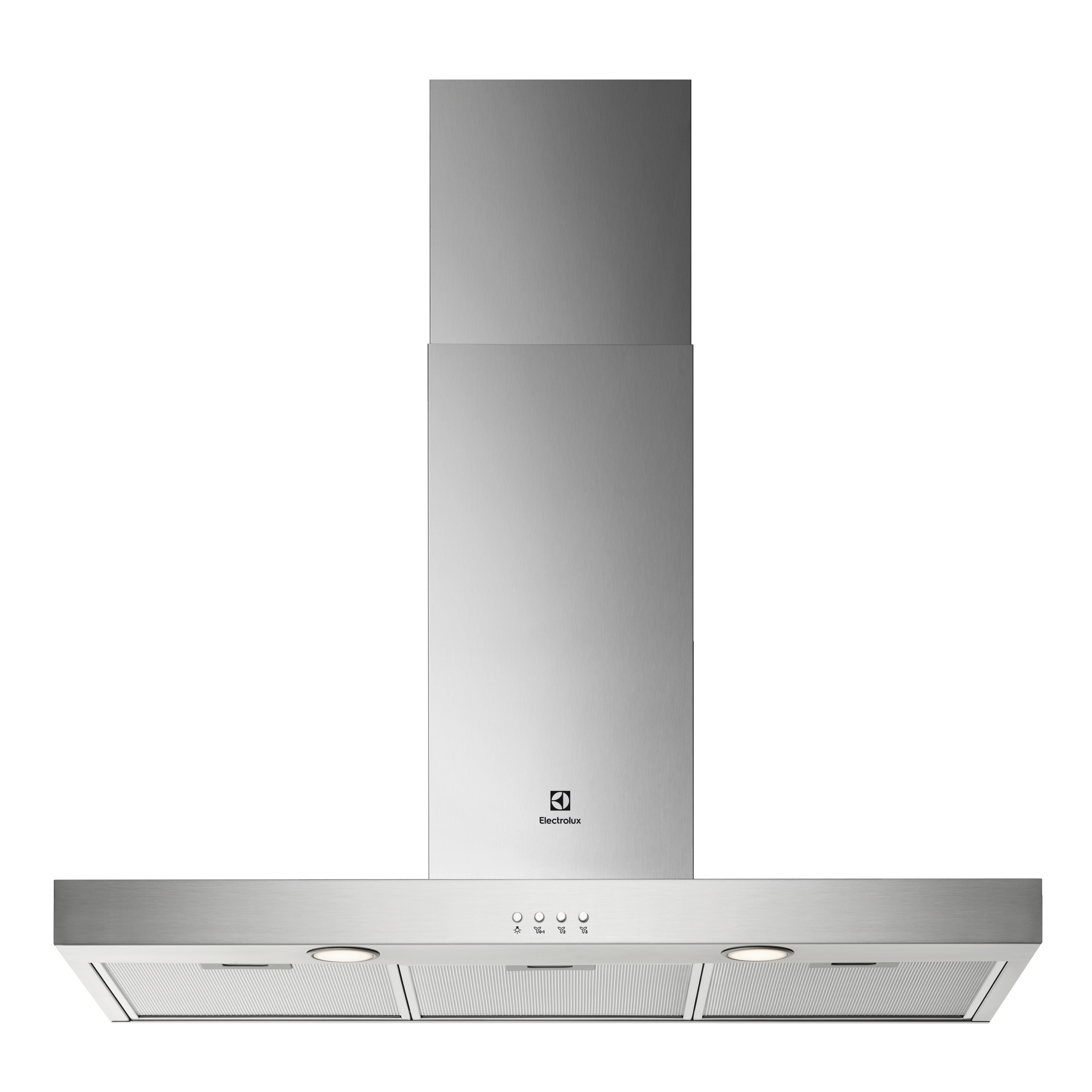 Una cappa Electrolux in acciaio inox spazzolato con controlli e luci.