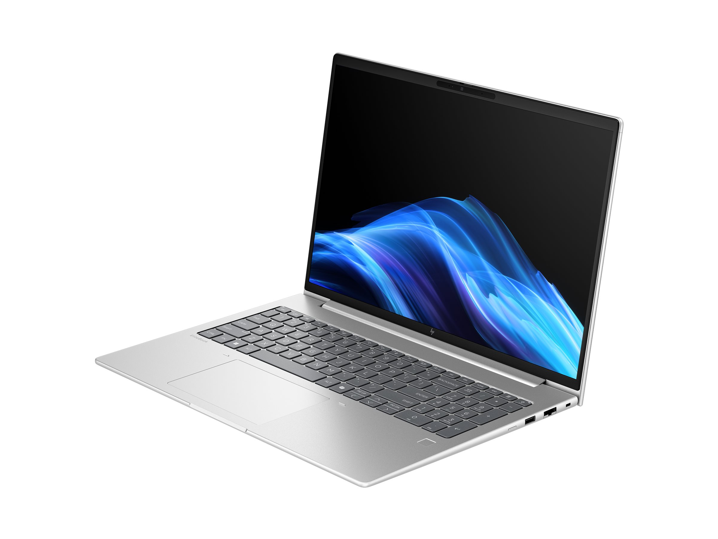 Un laptop HP EliteBook argentato aperto con uno sfondo blu astratto sul suo schermo.