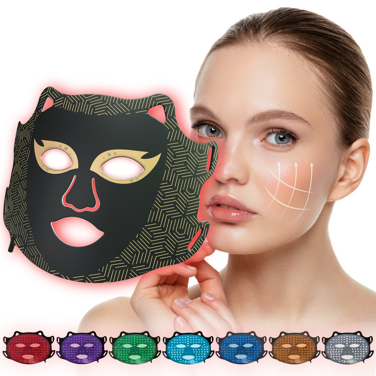 Eine Frau mit einem schwarzen LED-Gesichtsmasken-Gerät mit roten Lichtern.