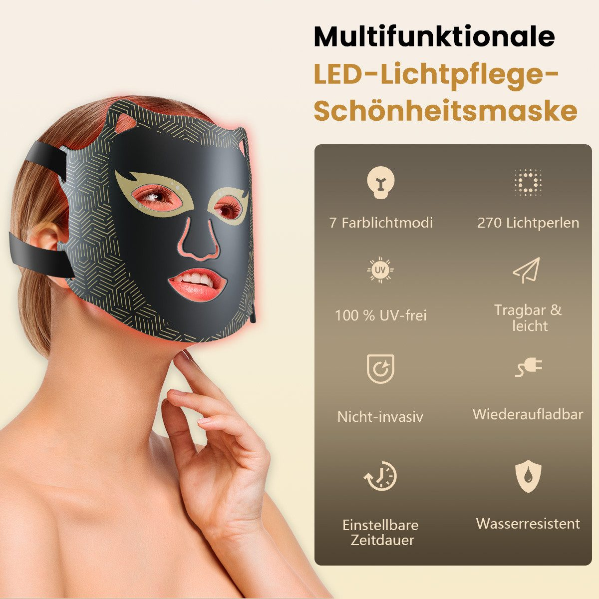 Eine Frau trägt eine schwarze LED-Schönheitsmaske mit Katzenohren und Lichtern.