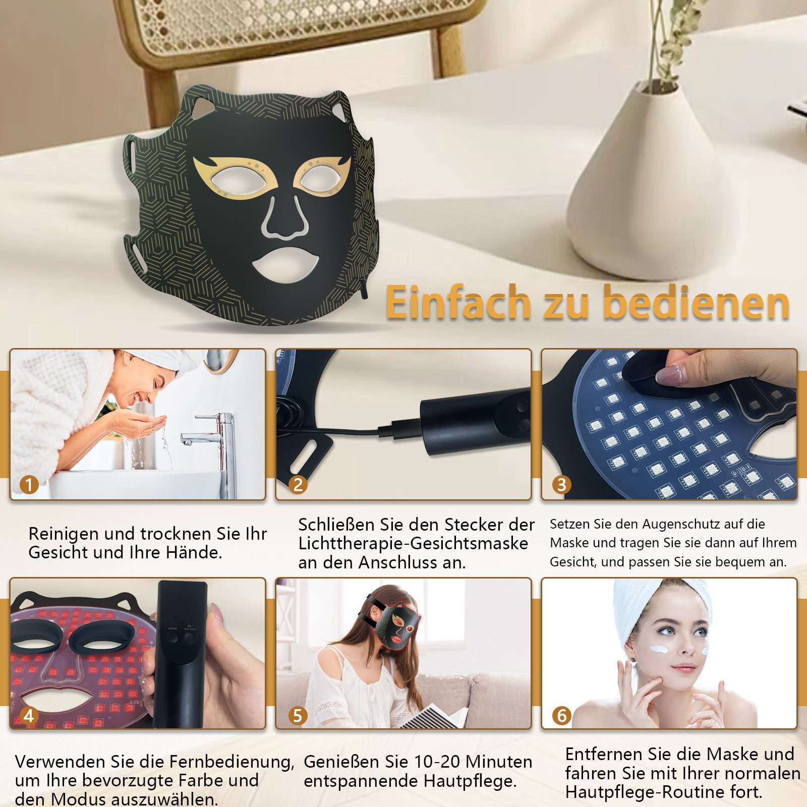 Collage zeigt Schritte zur Verwendung einer LED-Gesichtsmaske: Gesicht waschen, anschließen, tragen, Fernbedienung, entspannen, fertig.