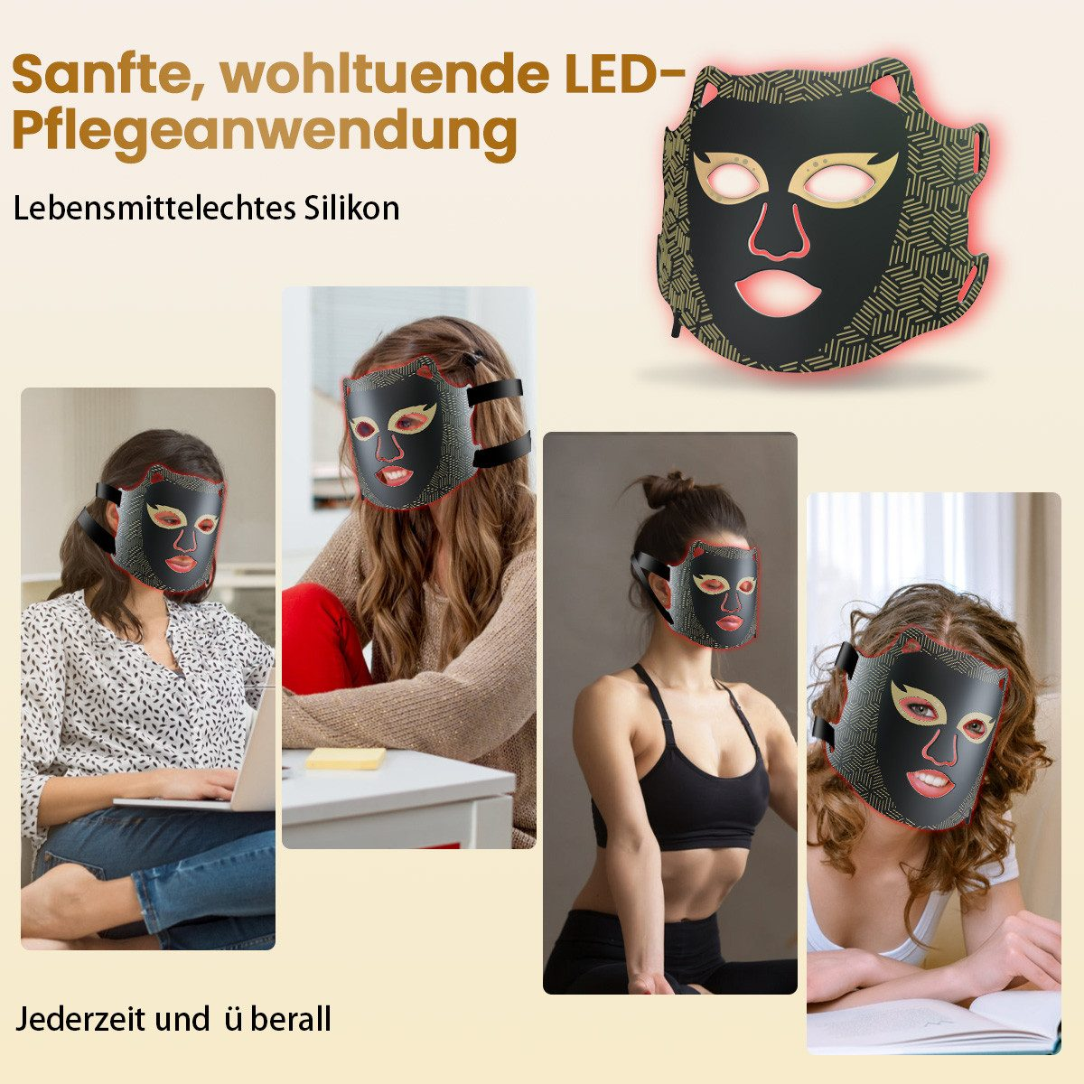 Schwarze LED-Maske mit roten und goldenen Akzenten, die von Frauen getragen wird.