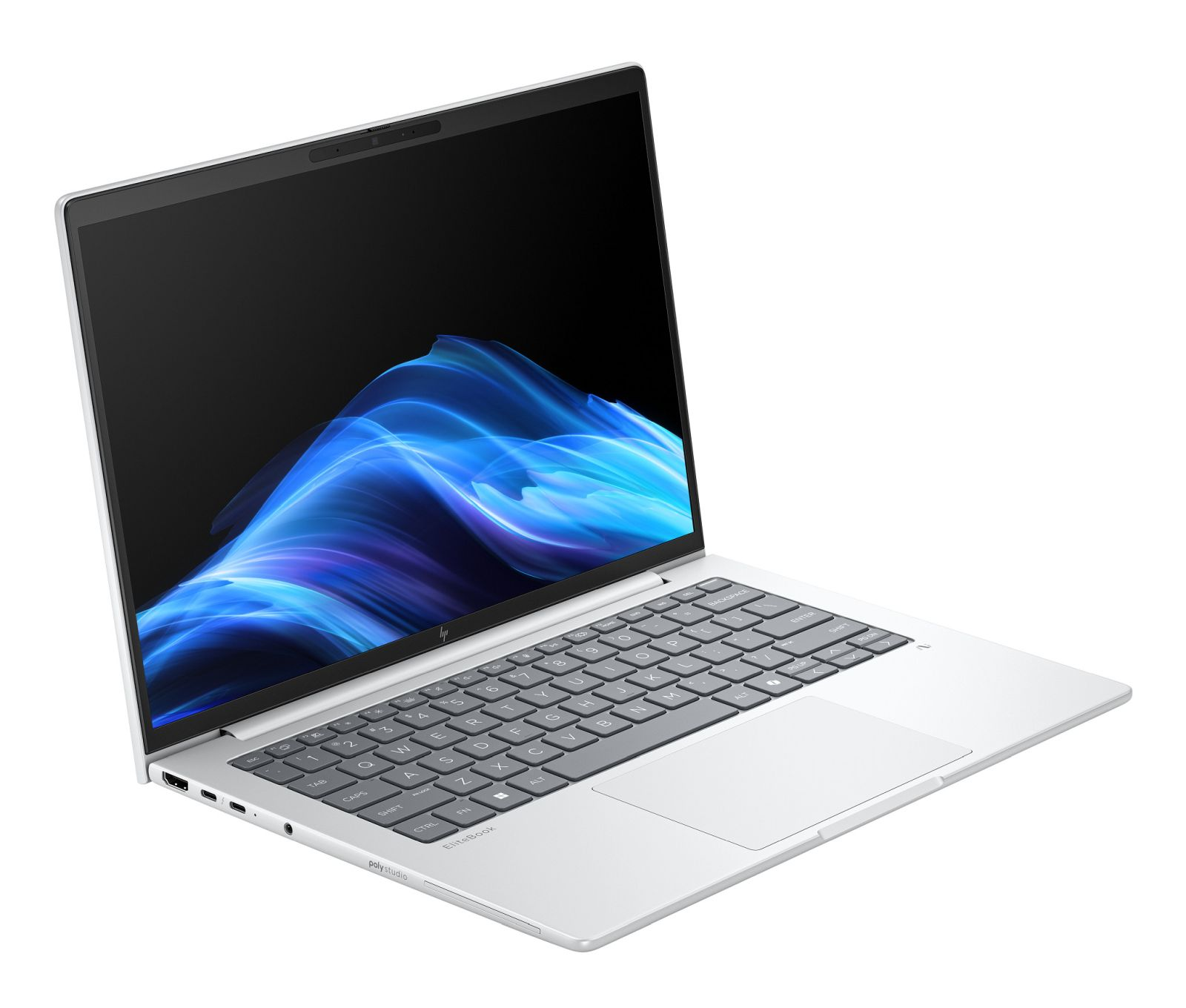 Srebrny laptop HP EliteBook jest otwarty, pokazując niebieską abstrakcyjną tapetę na ekranie.