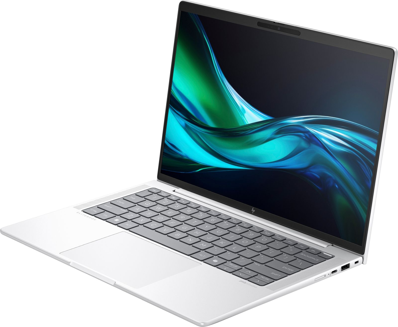Un laptop HP Elitebook argentato è aperto, con uno sfondo astratto verde e blu sullo schermo.