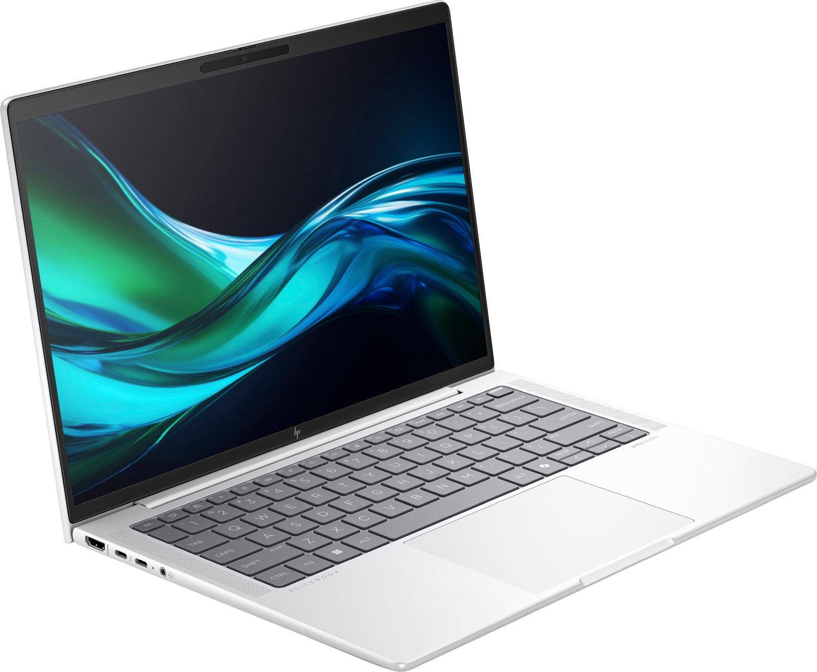 Laptop HP Elitebook argentato aperto con uno sfondo astratto vibrante sullo schermo.