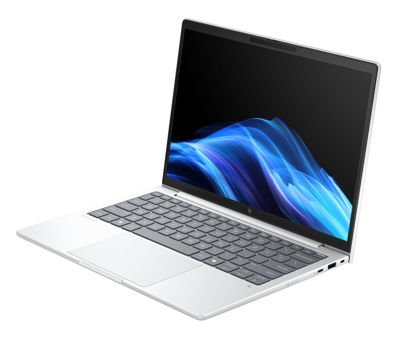 Un laptop HP EliteBook argento è aperto, con un'immagine astratta blu sullo schermo.