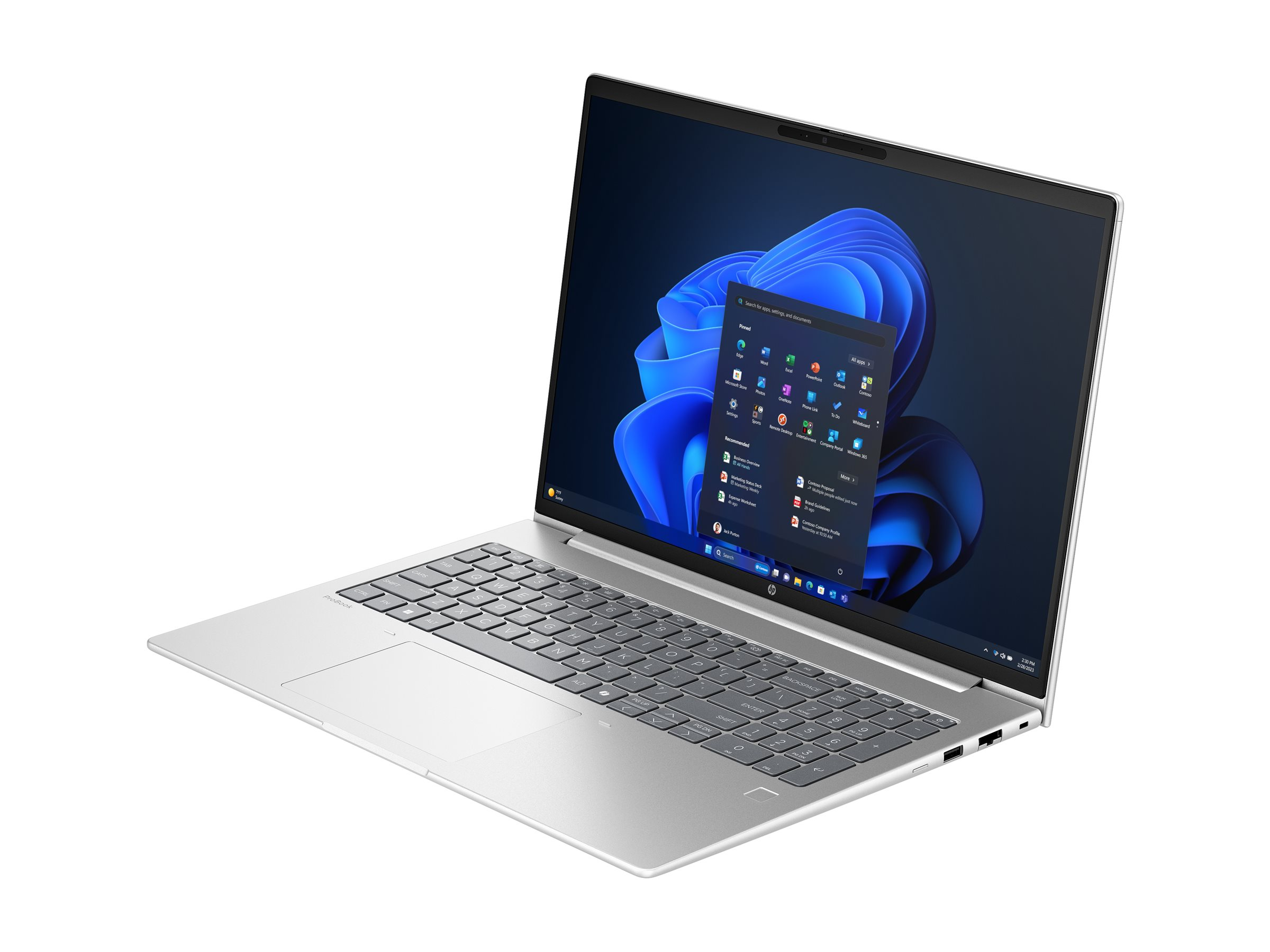 Un laptop HP ProBook argentato è aperto, mostrando il menu Start di Windows 11 sul suo schermo.