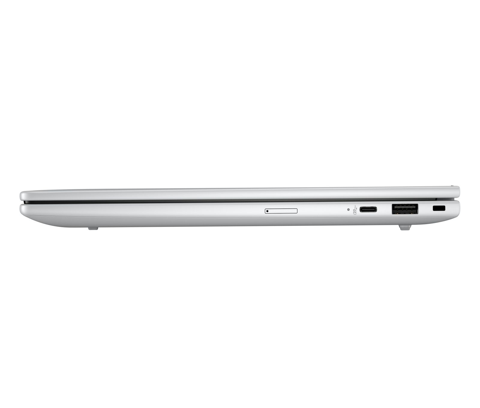 Laptop argento vista laterale: slot SD, USB-C, USB-A e jack audio.