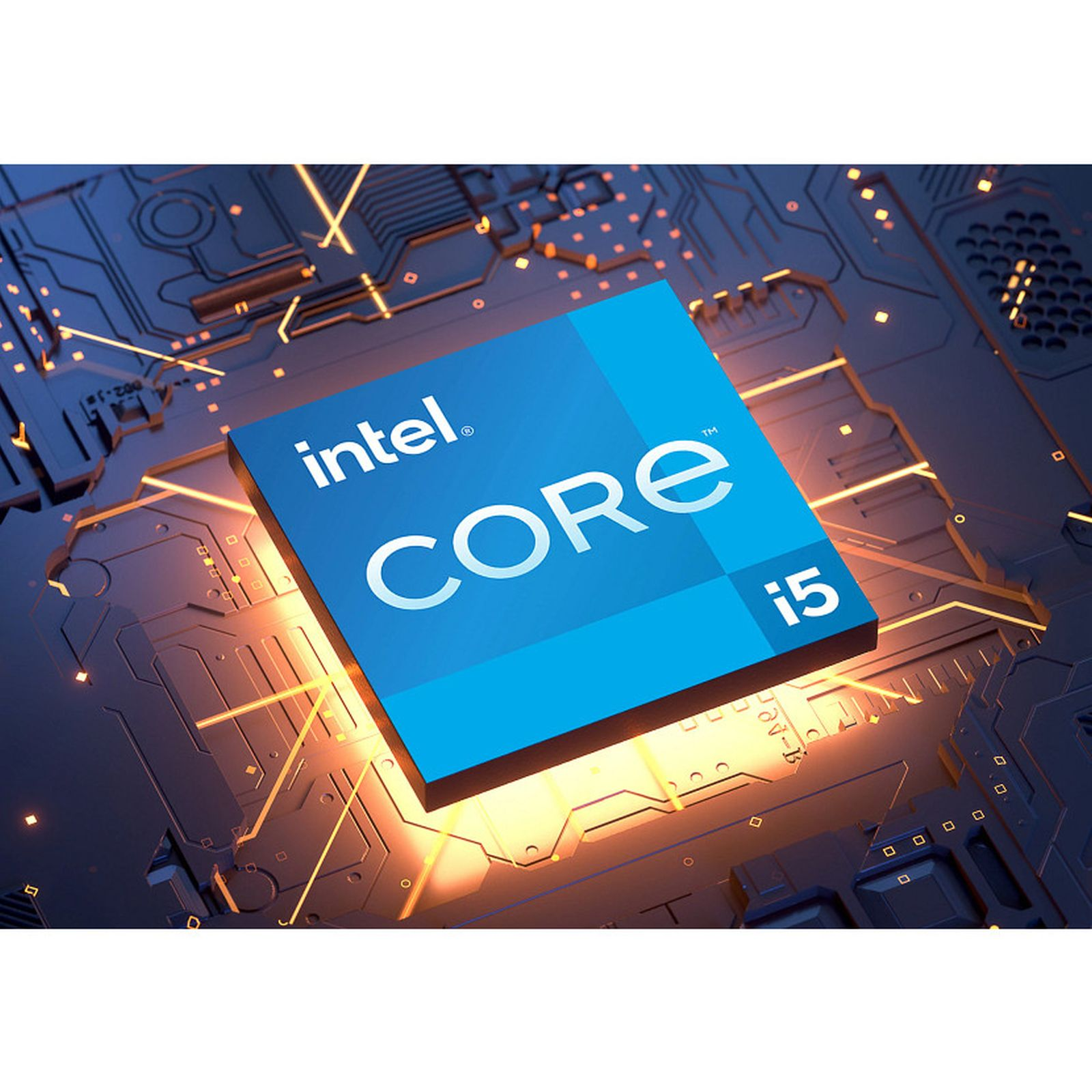 Procesor Intel Core i5 na płytce drukowanej ze świecącymi pomarańczowymi liniami.
