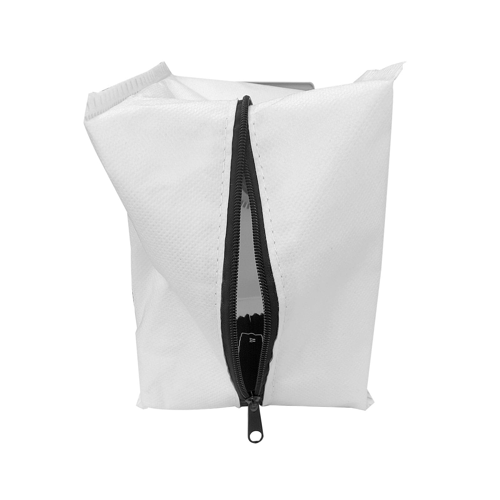 Eine weiße Stofftasche mit schwarzem Reißverschluss, teilweise geöffnet, auf weißem Grund.