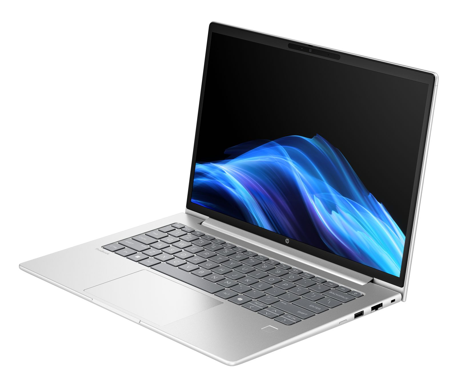 Un laptop argento con schermo aperto, che mostra un'immagine astratta blu.
