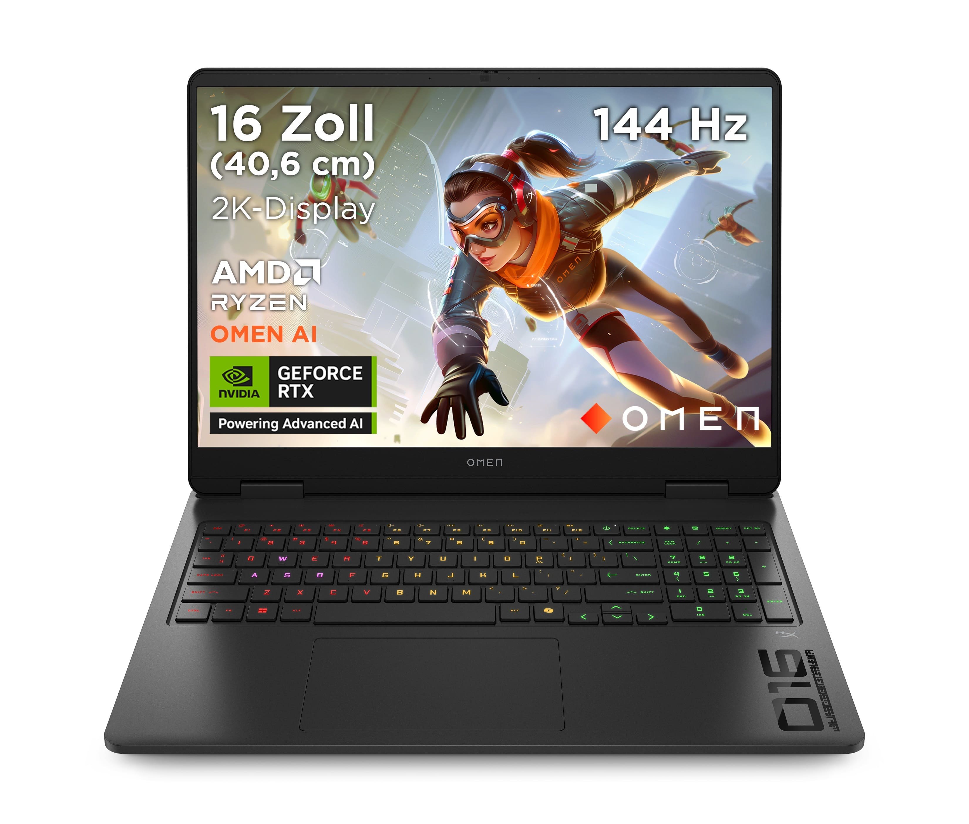 Czarny laptop OMEN z 16-calowym ekranem 2K pokazującym postać z gry wideo.