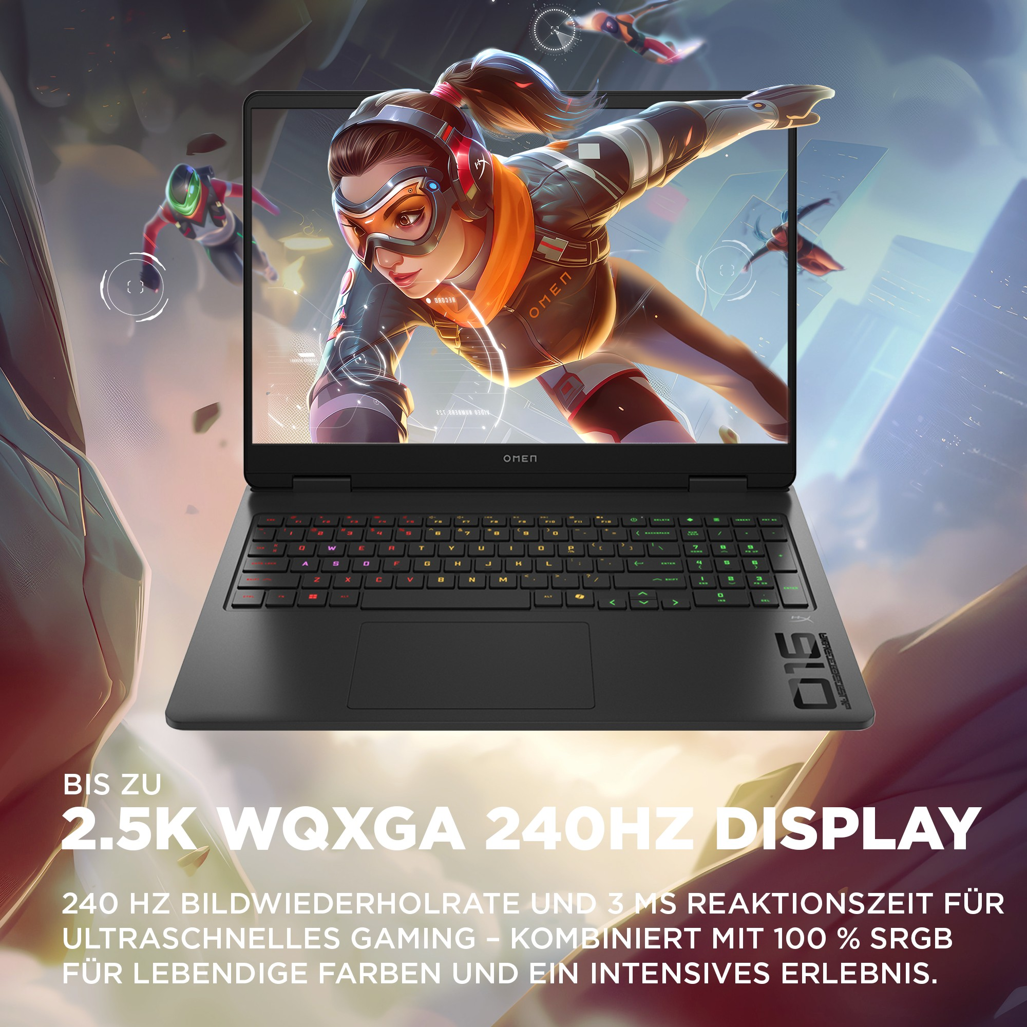 Czarny laptop HP Omen wyświetla futurystyczną grę z postaciami kobiecymi. Tekst reklamuje wyświetlacz 2.5K WQXGA 240Hz.