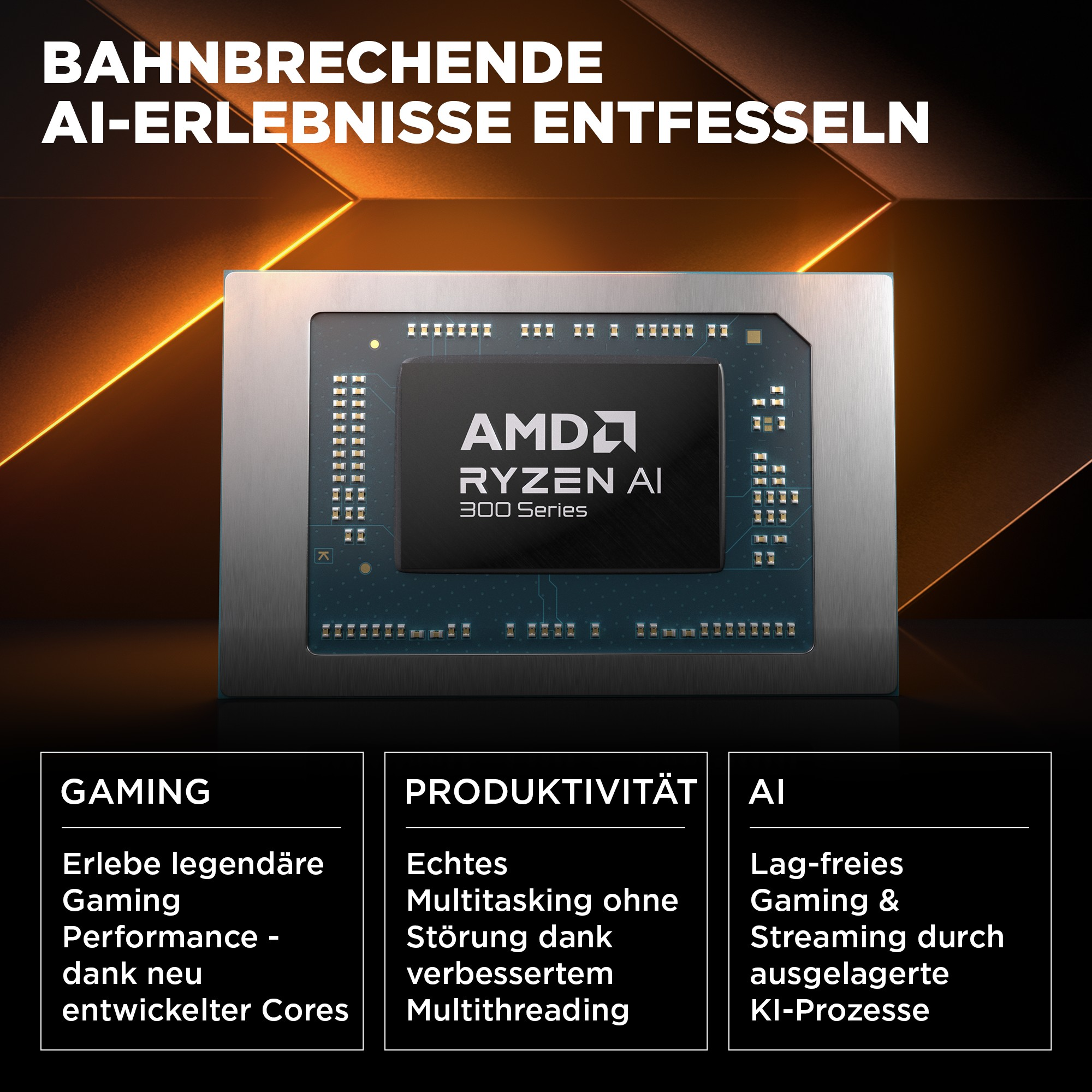 Procesor AMD Ryzen AI Serii 300 z tekstem AI, Gaming, Produktywność. Ciemne tło.