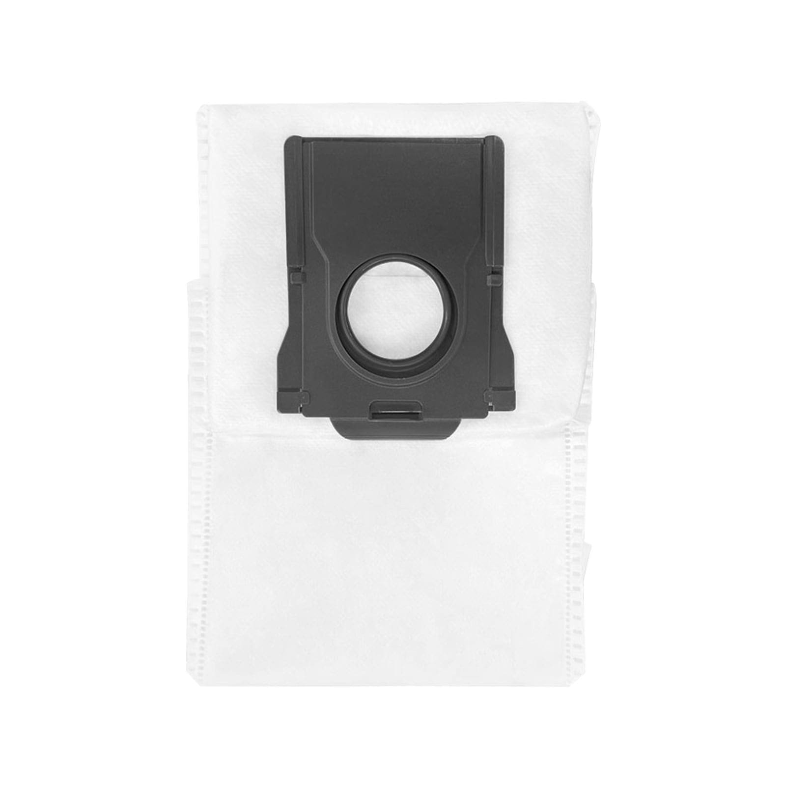 Un sacchetto per la polvere bianco con parte superiore in plastica nera e apertura circolare.