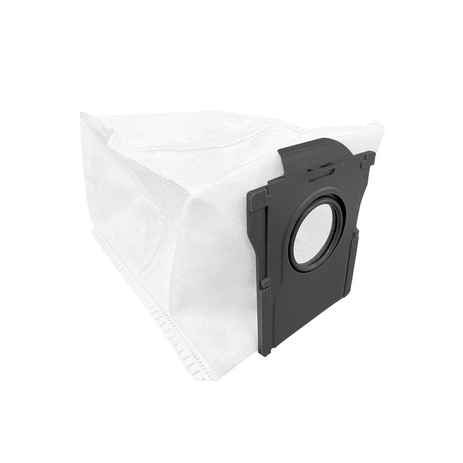 Un sacco aspirapolvere bianco con connettore in plastica nera sul lato destro.