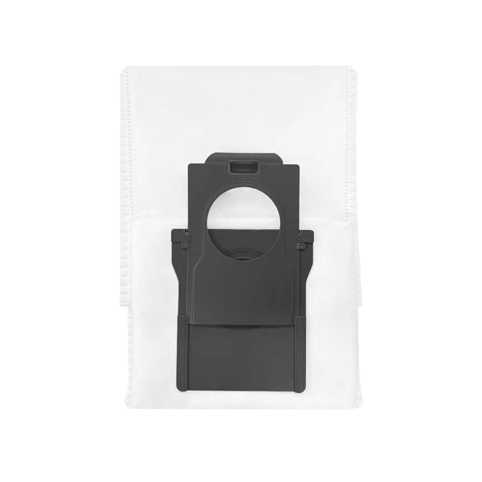 Ein leerer, weißer Staubbeutel mit schwarzem Plastikadapter und rundem Ausschnitt.