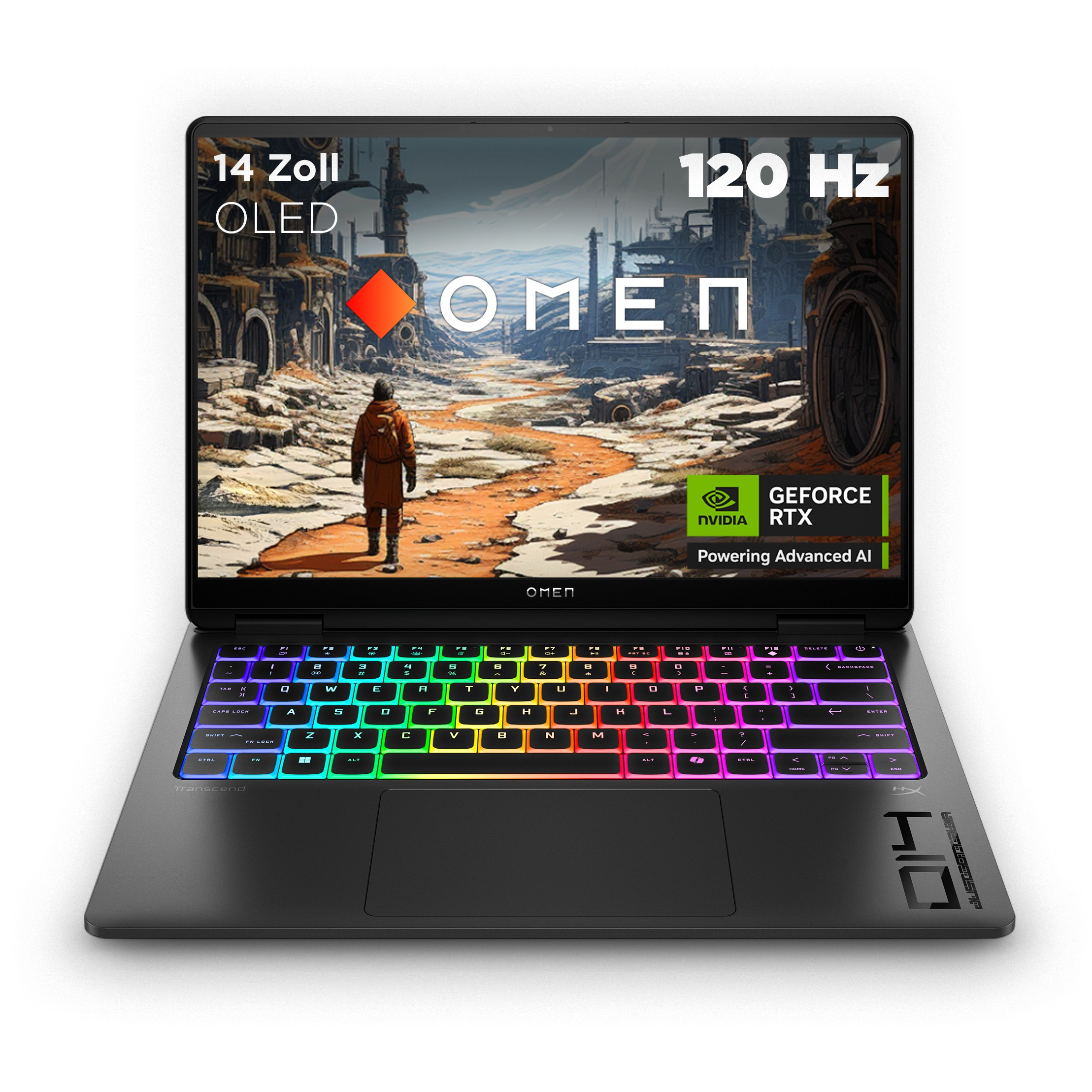 Czarny laptop z klawiaturą RGB i obrazem na ekranie.