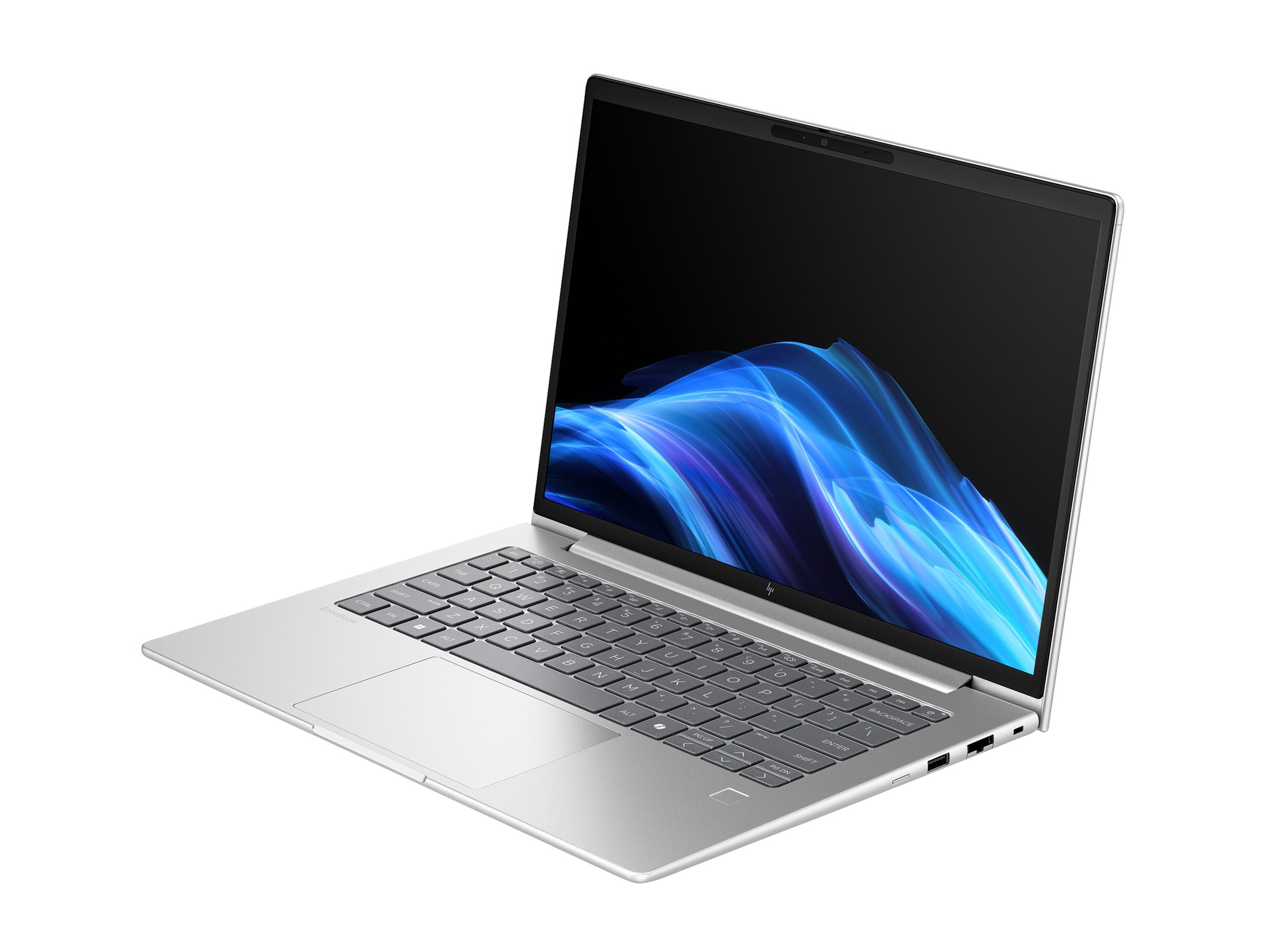 Srebrny laptop HP EliteBook otwarty, pokazujący klawiaturę, touchpad i ekran z niebieską tapetą.