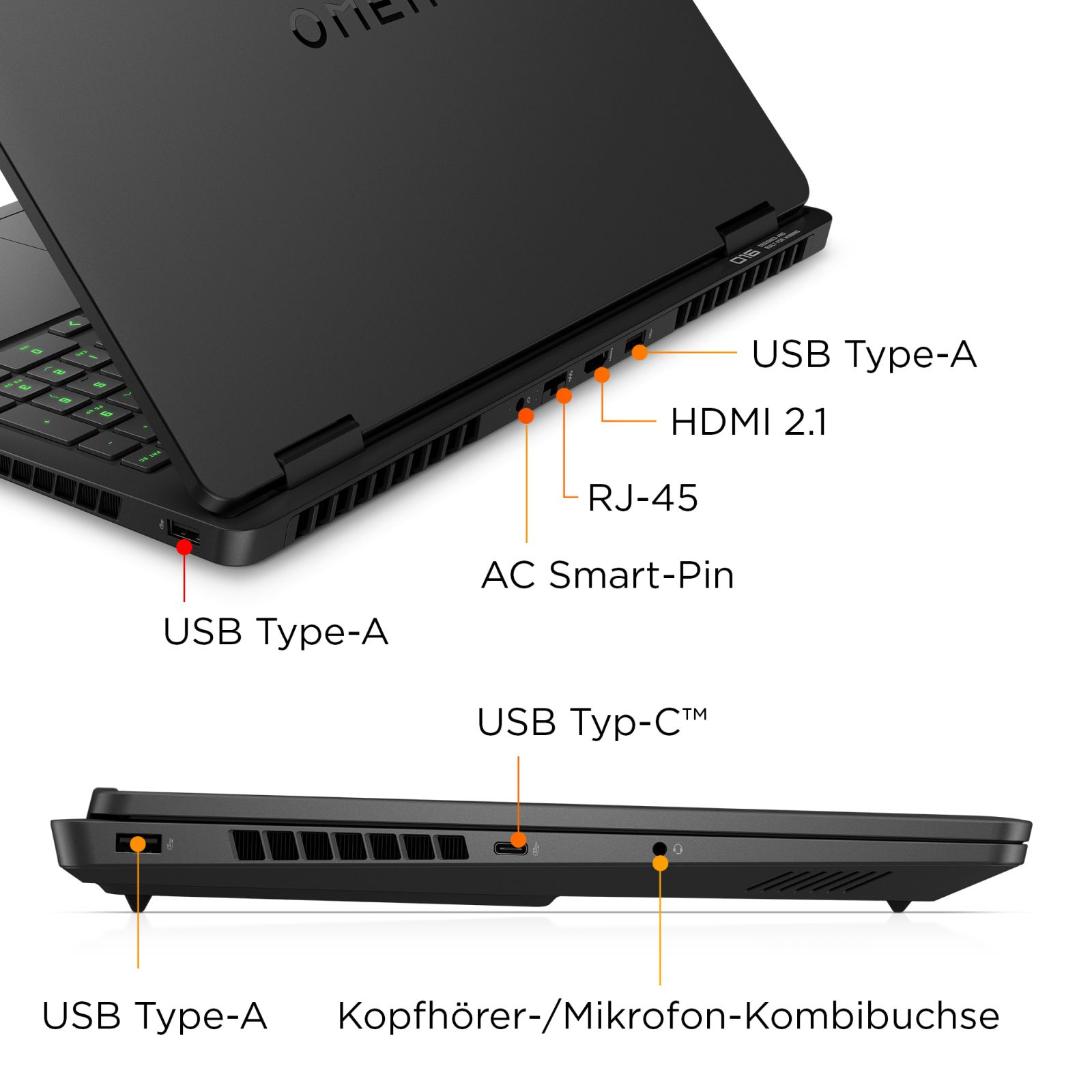 Schwarzer Laptop mit Anschlüssen: USB-A, HDMI 2.1, RJ-45, AC Smart-Pin, USB Typ-C, Kopfhörer/Mikrofon.