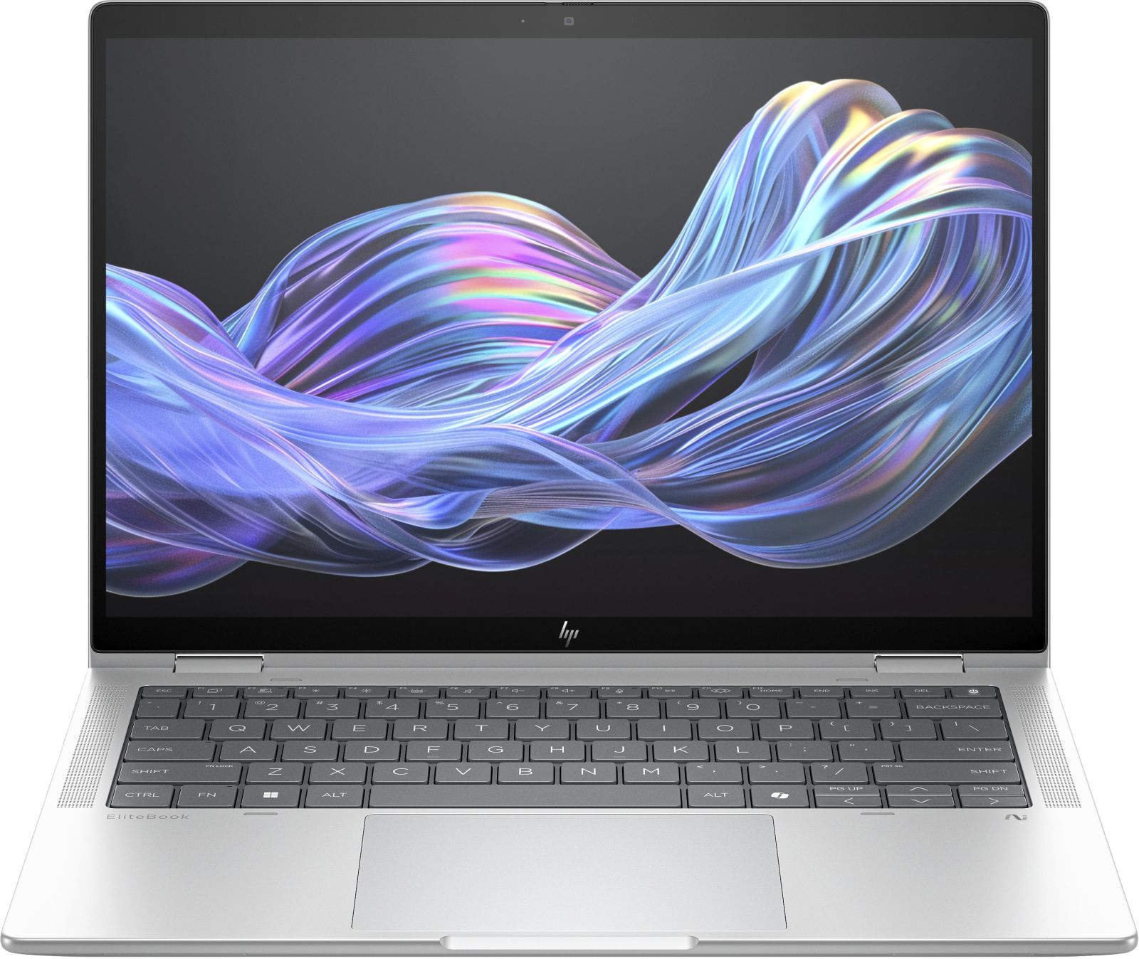 Srebrny laptop HP EliteBook otwarty z abstrakcyjnymi kolorowymi falami na ekranie.